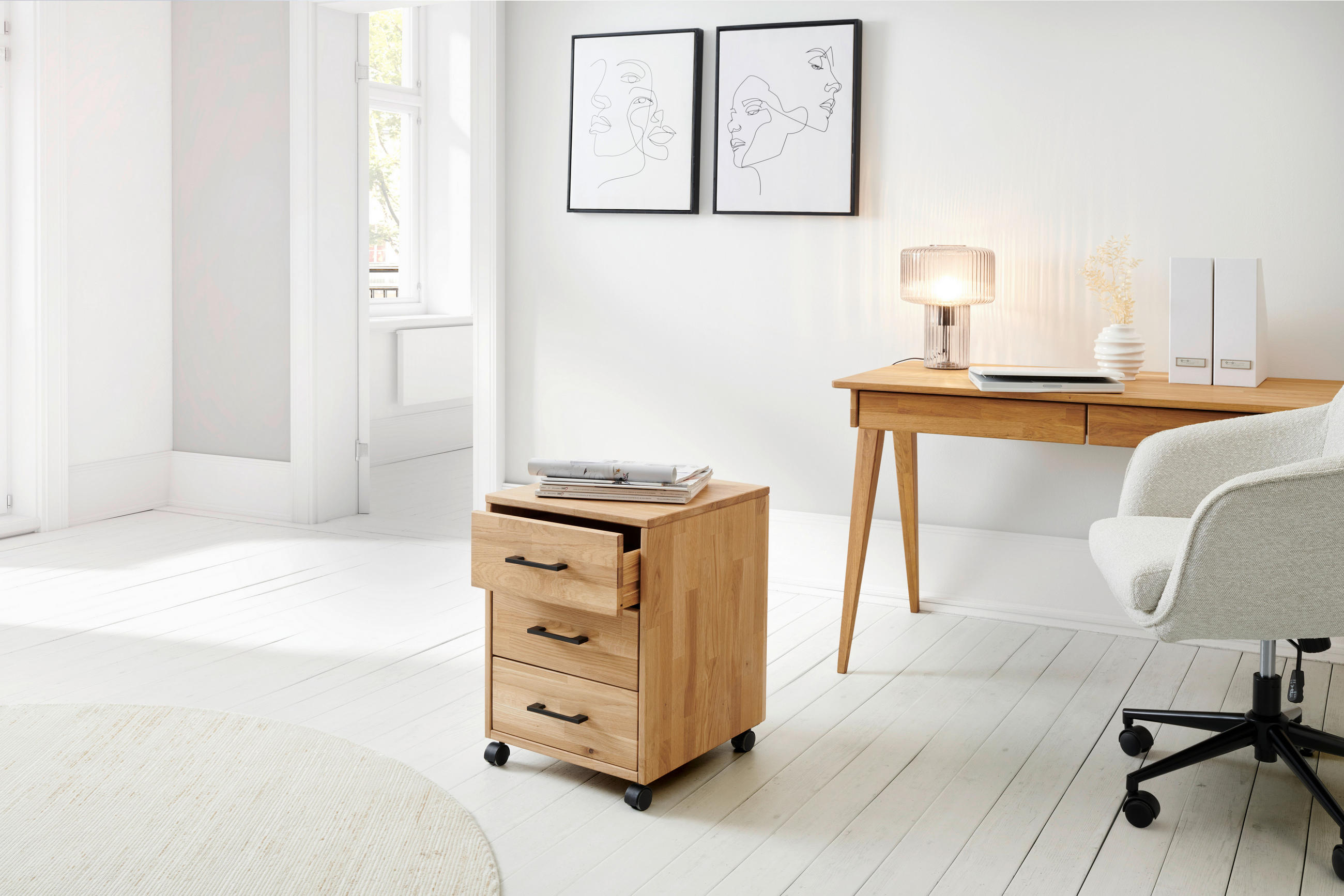 ROLLCONTAINER Kerneiche massiv  - Schwarz, Basics, Holz/Kunststoff (40/56,7/42cm) - Livetastic