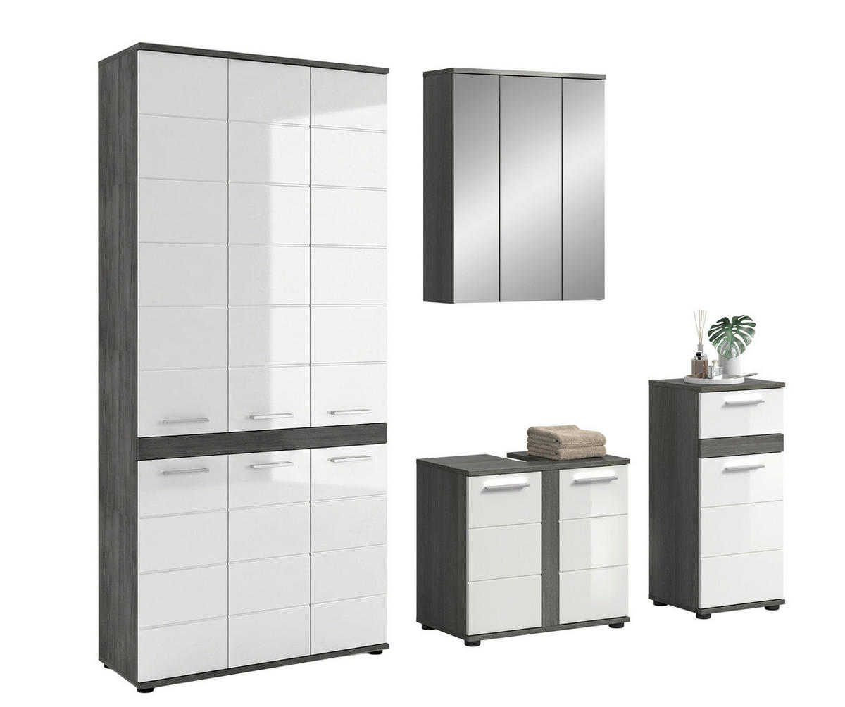 BADEZIMMER 4-teilig  in 215 cm  - Weiß Hochglanz/Silberfarben, Trend, Glas/Holzwerkstoff (215cm) - MID.YOU
