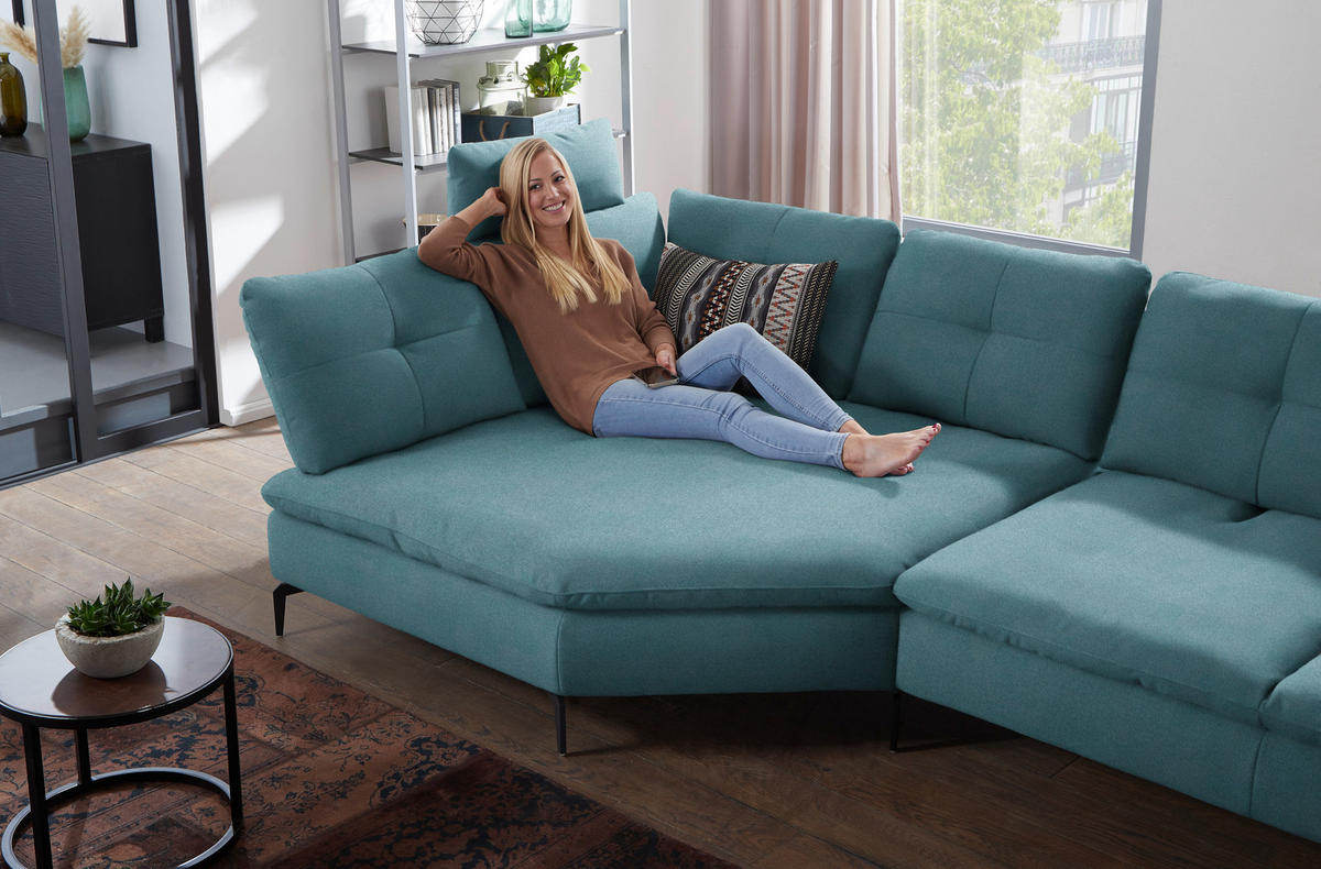 ECKSOFA in Flachgewebe Hellblau  - Schwarz/Hellblau, Design, Textil/Metall (157/344cm) - Chilliano