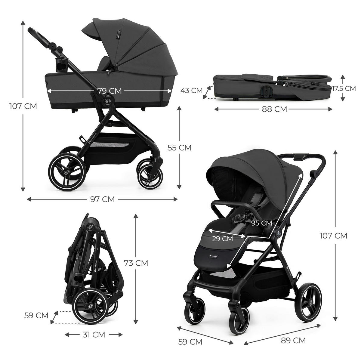 KINDERWAGEN Yoxi 3in1  - Schwarz Hochglanz/Grau, Basics, Kunststoff/Textil (107/59/97cm) - Kinderkraft