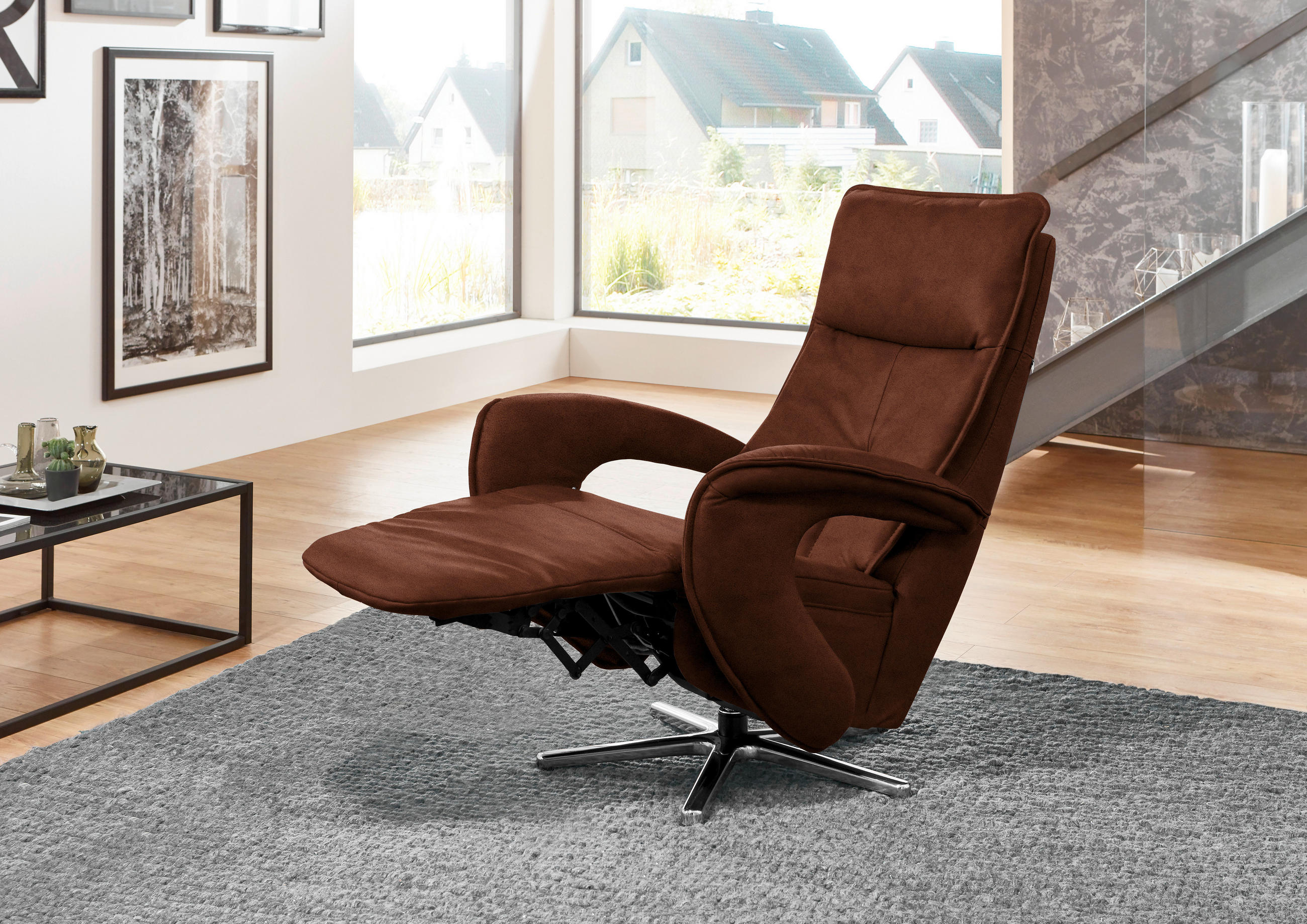 RELAXSESSEL in Textil Hellbraun  - Chromfarben/Hellbraun, Design, Textil/Metall (77/110/87cm) - Valdera