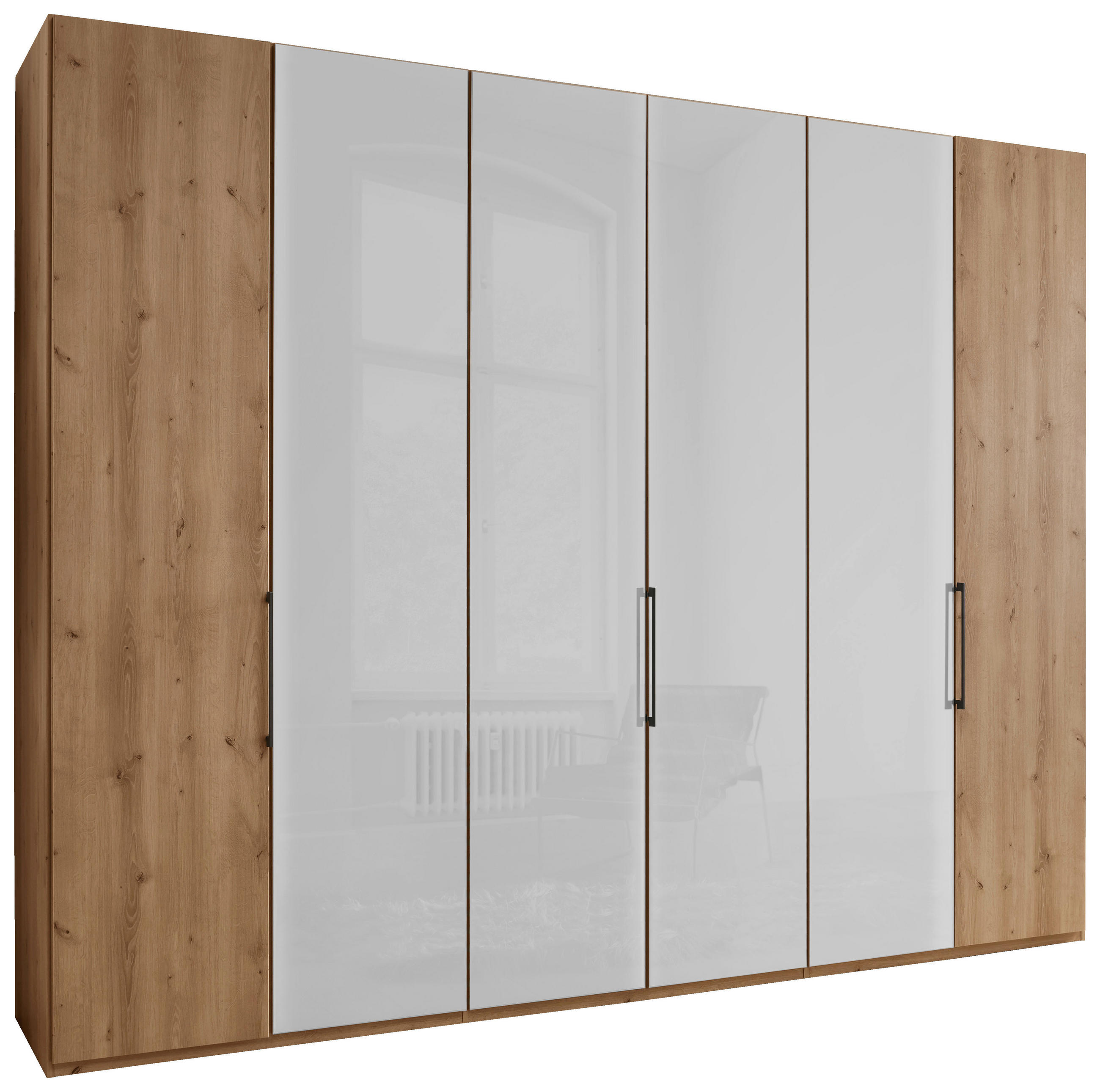 FALTTÜRENSCHRANK 300/236/58 cm 3-türig Weiß, Eiche Bianco  - Schieferfarben/Eiche Bianco, KONVENTIONELL, Glas/Holzwerkstoff (300/236/58cm) - Dieter Knoll