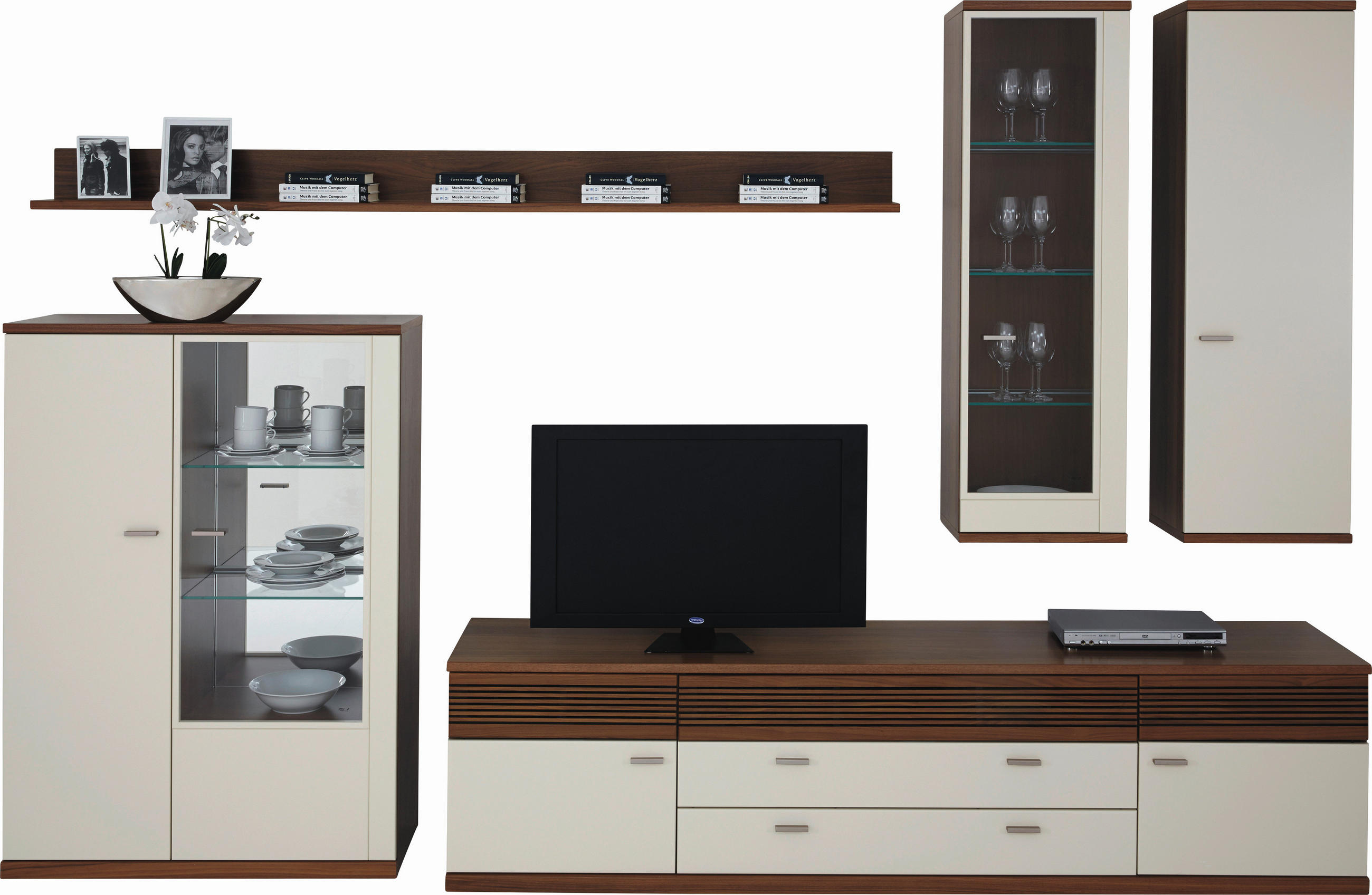 WOHNWAND  in Creme, Nussbaumfarben  360/235,9/48,7 cm  - Edelstahlfarben/Nussbaumfarben, Design, Glas/Holz (360/235,9/48,7cm) - Invivus