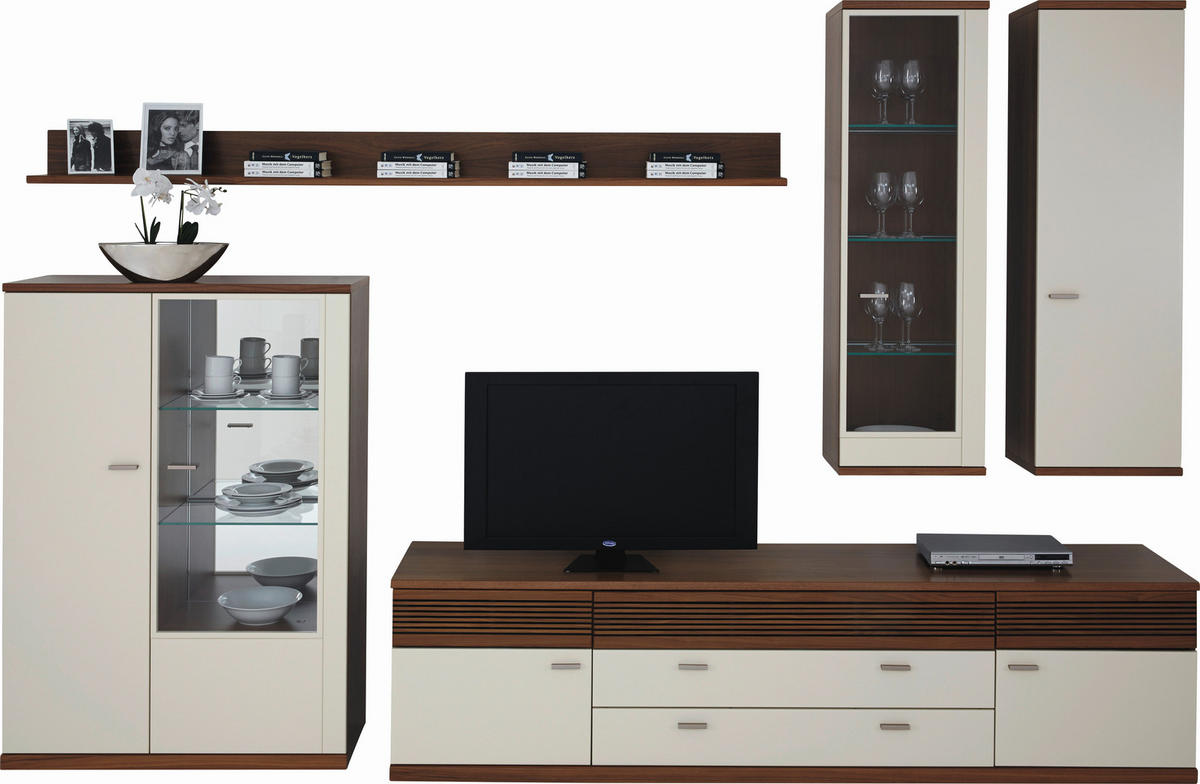 WOHNWAND  in Creme, Nussbaumfarben  360/235,9/48,7 cm  - Edelstahlfarben/Nussbaumfarben, Design, Glas/Holz (360/235,9/48,7cm) - Invivus