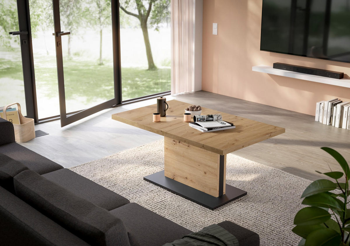 COUCHTISCH Lift Couchtisch rechteckig Schwarz, Eiche Artisan  - Schwarz/Eiche Artisan, Design, Holzwerkstoff/Metall (120-160/56-75/70cm) - MID.YOU