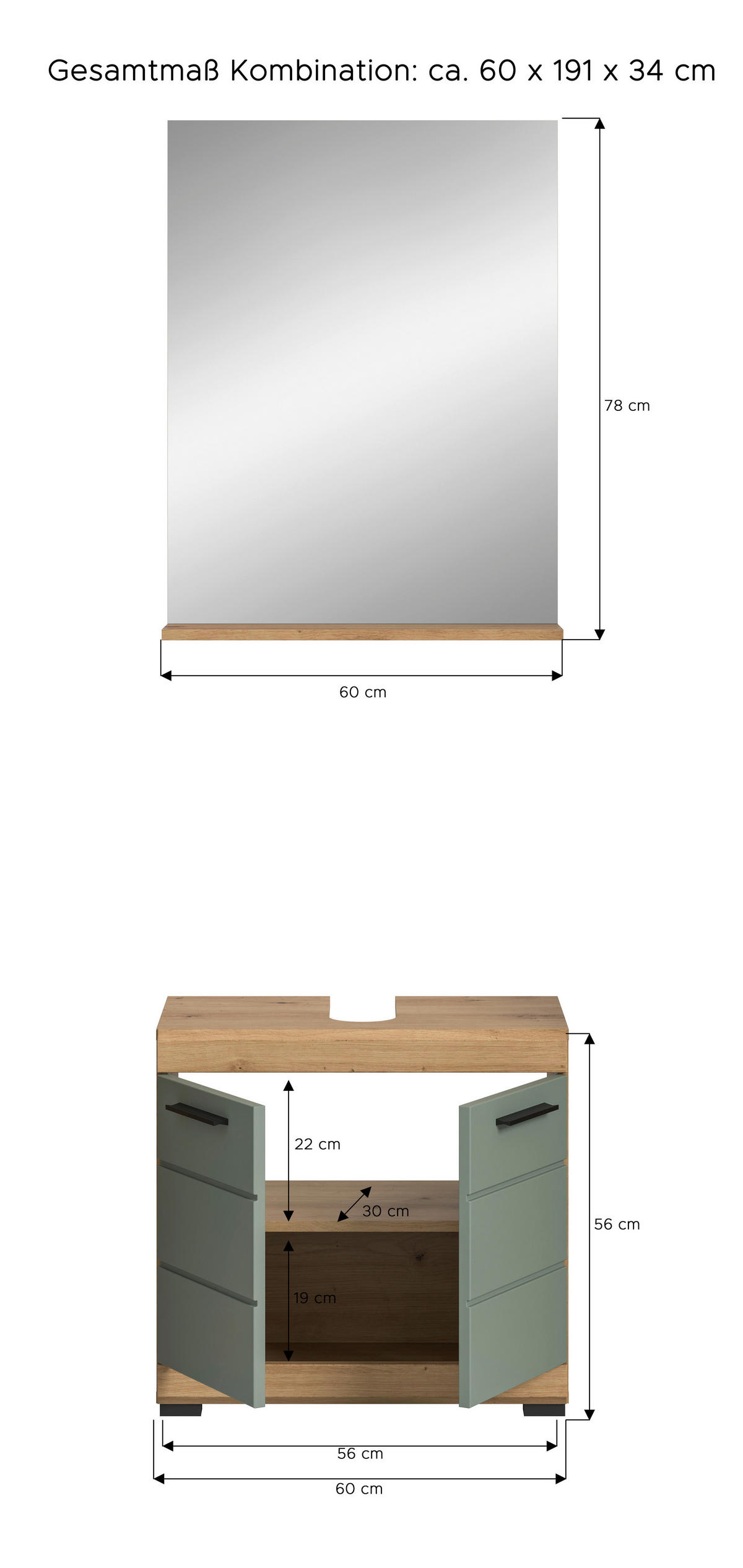 BADEZIMMER 2-teilig  in 60 cm  - Salbeigrün/Eichefarben, MODERN, Glas/Holzwerkstoff (60cm) - MID.YOU