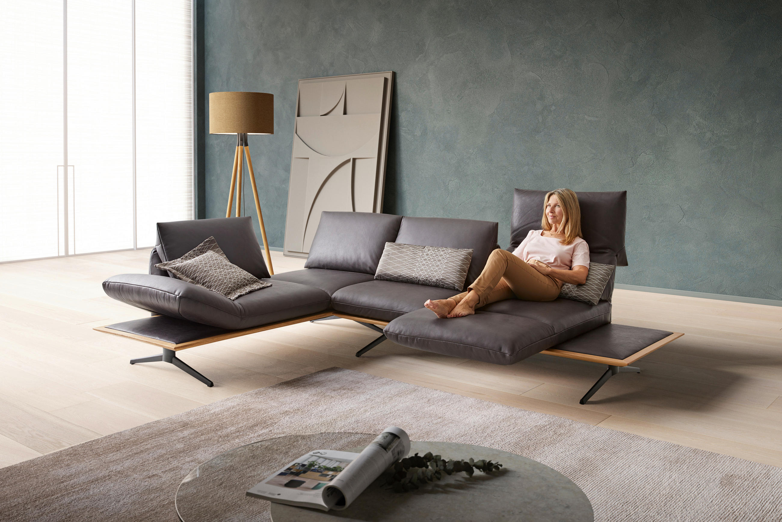 ECKSOFA in Echtleder Braun  - Schwarz/Braun, Design, Leder/Holz (205/282cm) - Dieter Knoll