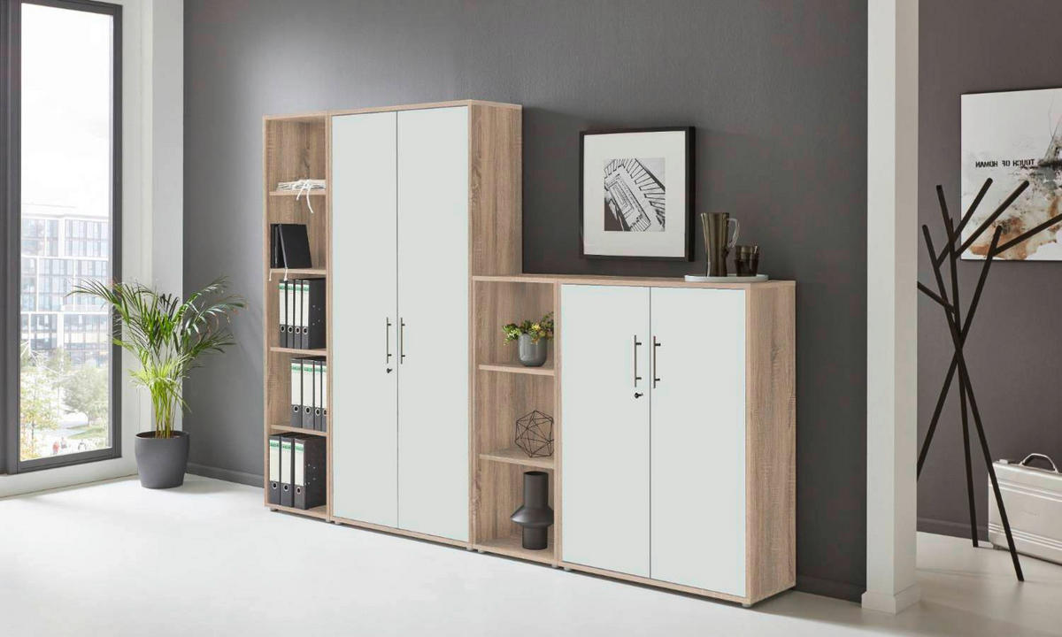 BÜRO Schreibtisch seitenverkehrt montierbar, abschließbar, erweiterbar, in verschiedenen Holz-Dekoren erhältlich Weiß, Sonoma Eiche - Weiß/Sonoma Eiche, MODERN, Holzwerkstoff - MID.YOU