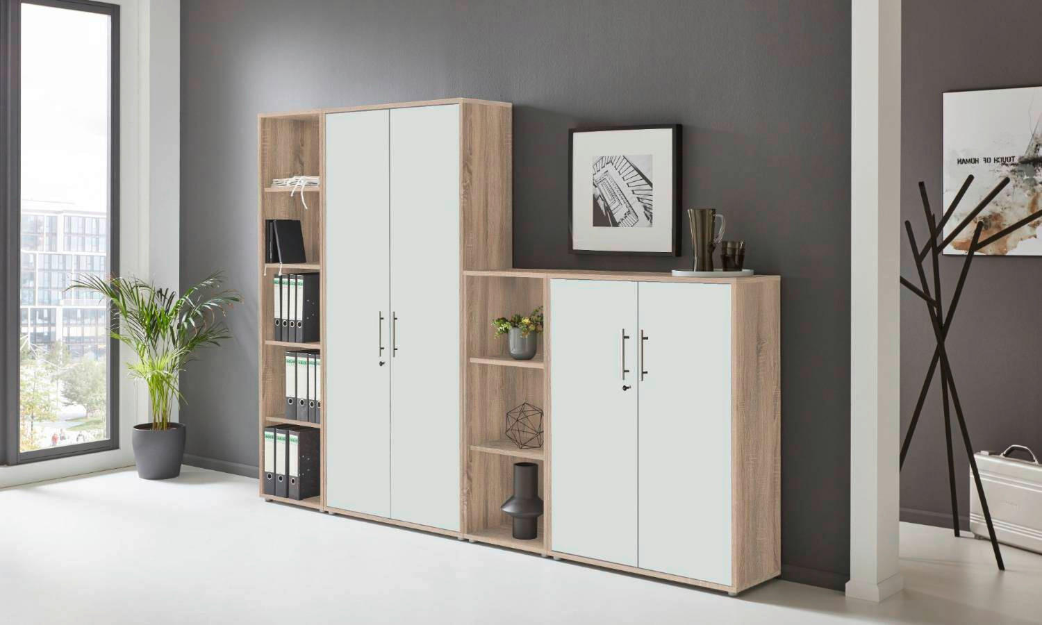 Thumbnail - Mid.you Büro Office Edition - Büro Set 4, Weiß, Sonoma Eiche, Holzwerkstoff, 6,6 Fächer, 3 Schubladen, Made in Germany, ...