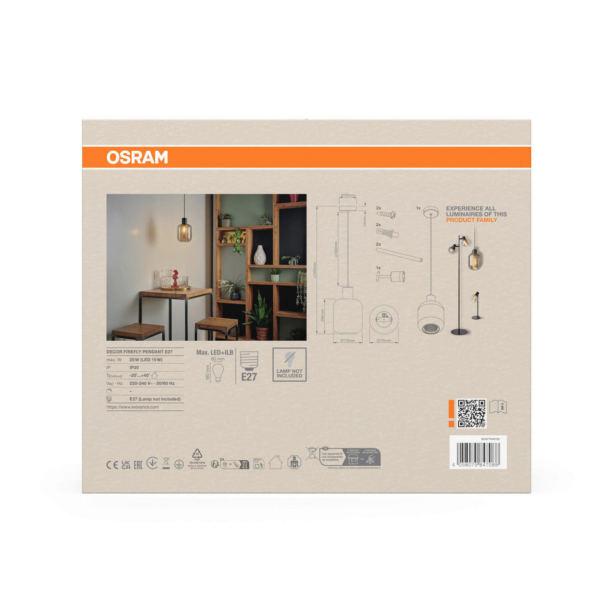 HÄNGELEUCHTE 17/132 cm  - Schwarz, Basics, Glas/Metall (17/132cm) - Osram