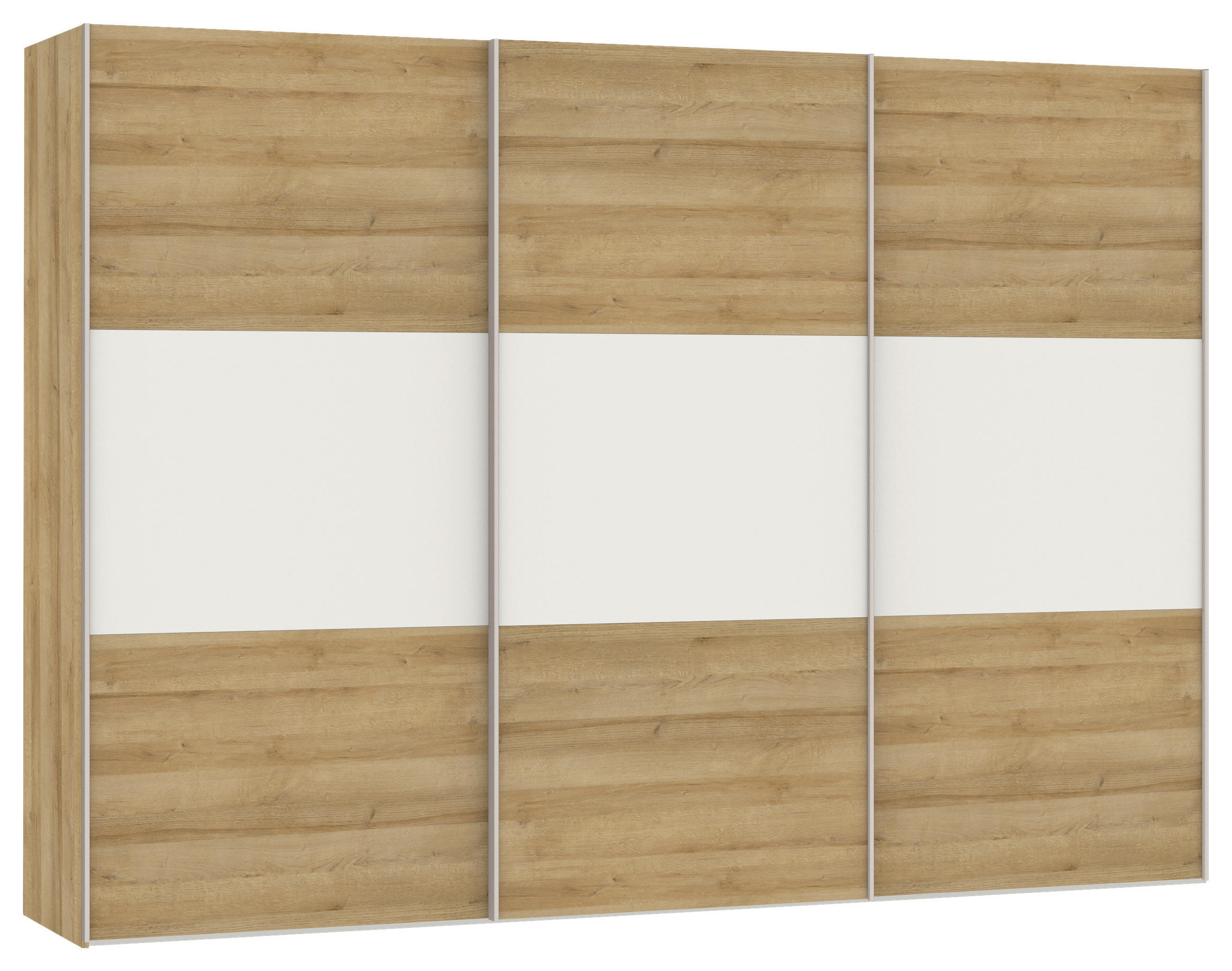 SCHWEBETÜRENSCHRANK in Weiss, Eichefarben  - Weiss/Edelstahlfarben, Design, Glas/Holzwerkstoff (303/215/65cm) - Carryhome