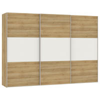 SCHWEBETÜRENSCHRANK in Weiss, Eichefarben  - Weiss/Edelstahlfarben, Design, Glas/Holzwerkstoff (303/215/65cm) - Carryhome