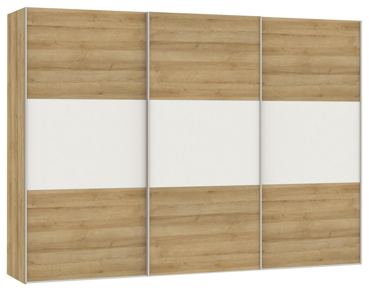 SCHWEBETÜRENSCHRANK in Weiss, Eichefarben  - Weiss/Edelstahlfarben, Design, Glas/Holzwerkstoff (303/215/65cm) - Carryhome