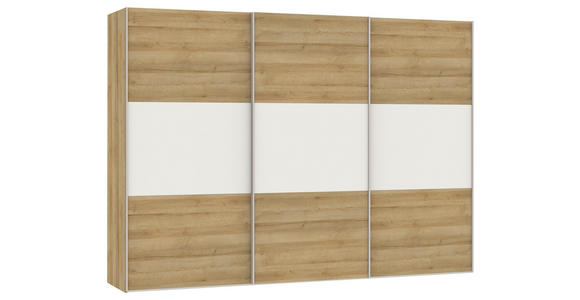 SCHWEBETÜRENSCHRANK in Weiß, Eichefarben - Edelstahlfarben/Eichefarben, Design, Glas/Holzwerkstoff (303/215/65cm) - Carryhome