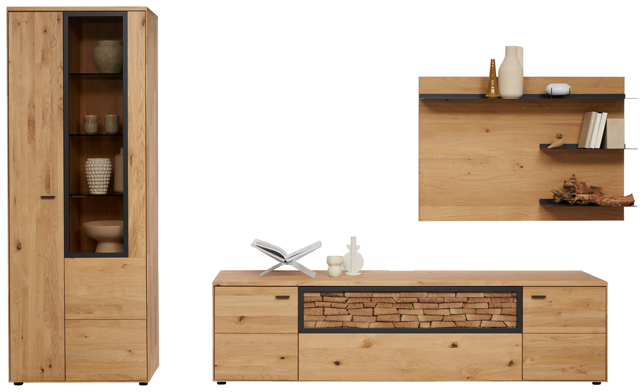 WOHNWAND  in Wildeiche  328,8/207,1/45,2 cm  - Wildeiche/Graphitfarben, Natur, Glas/Holz (328,8/207,1/45,2cm) - Valnatura