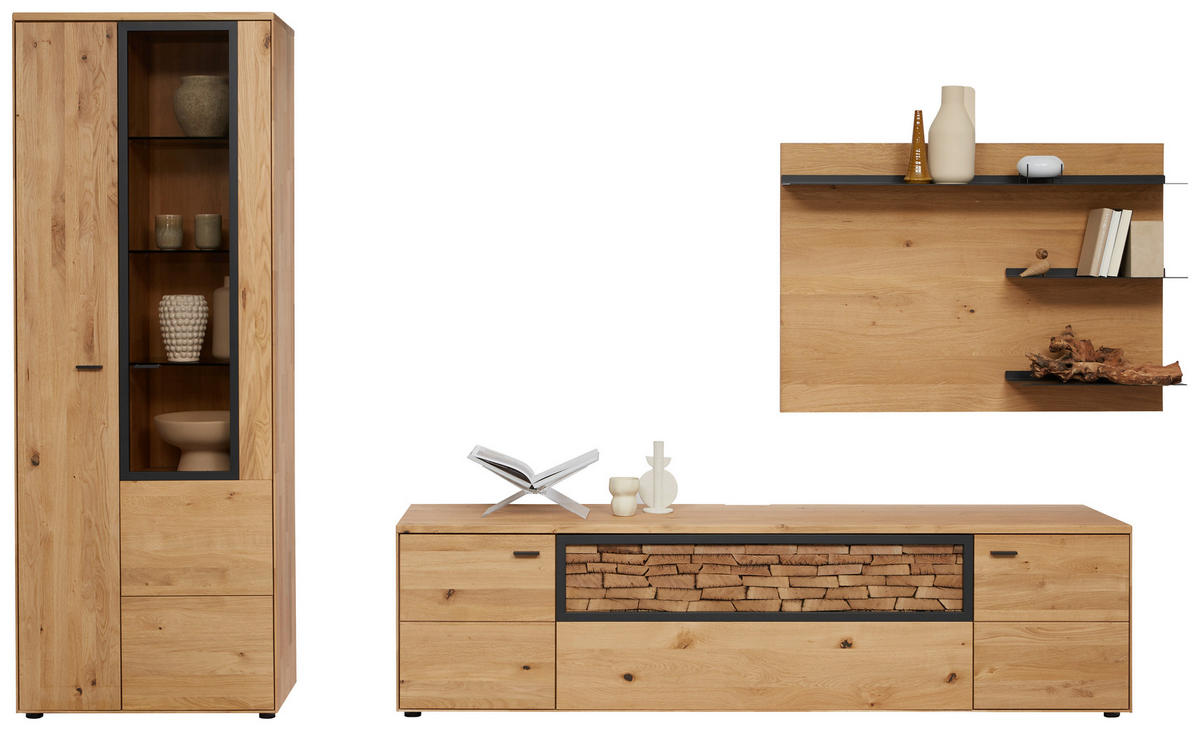 WOHNWAND  in Wildeiche 328,8/207,1/45,2 cm  - Wildeiche/Graphitfarben, Natur, Glas/Holz (328,8/207,1/45,2cm) - Valnatura
