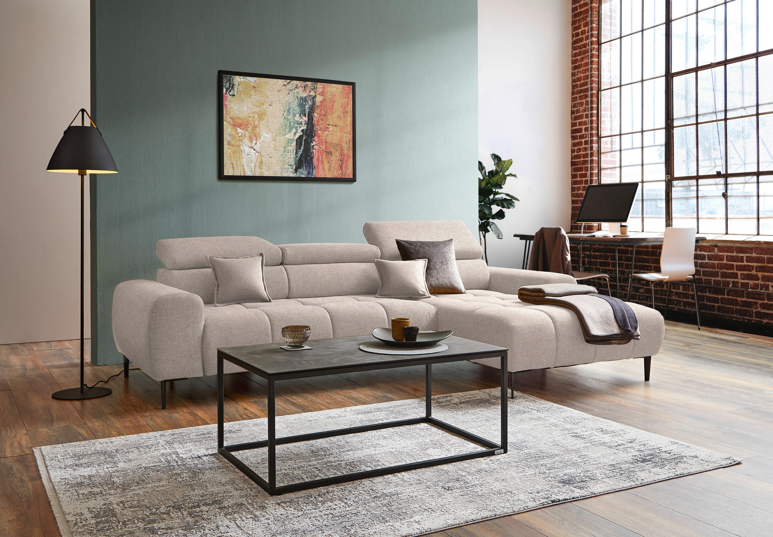 ECKSOFA in Webstoff Beige  - Beige/Schwarz, Design, Textil/Metall (270/177cm) - Welnova