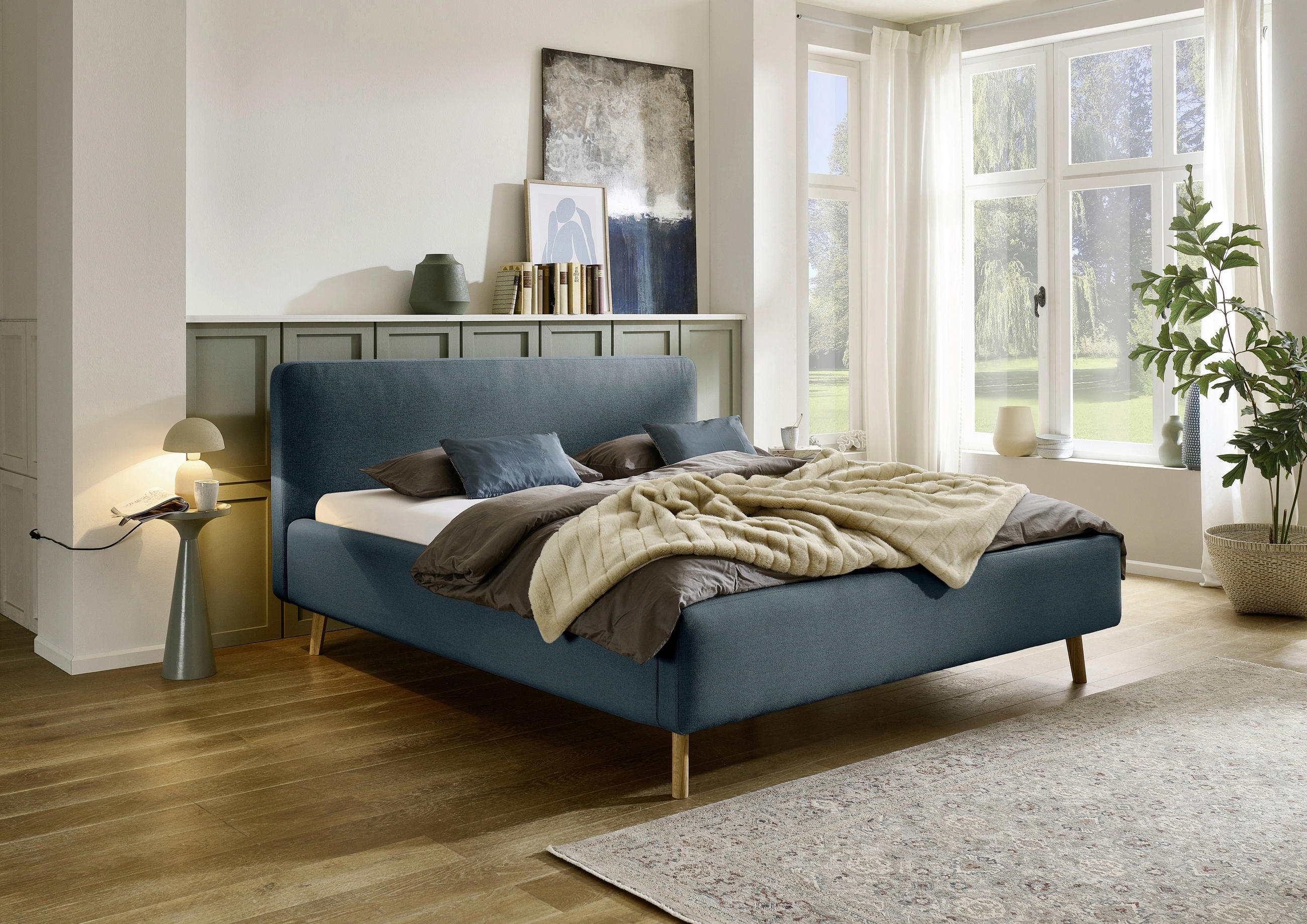POLSTERBETT 180/200 cm  in Blau  - Blau/Eichefarben, Design, Holz/Textil (180/200cm) - Xora