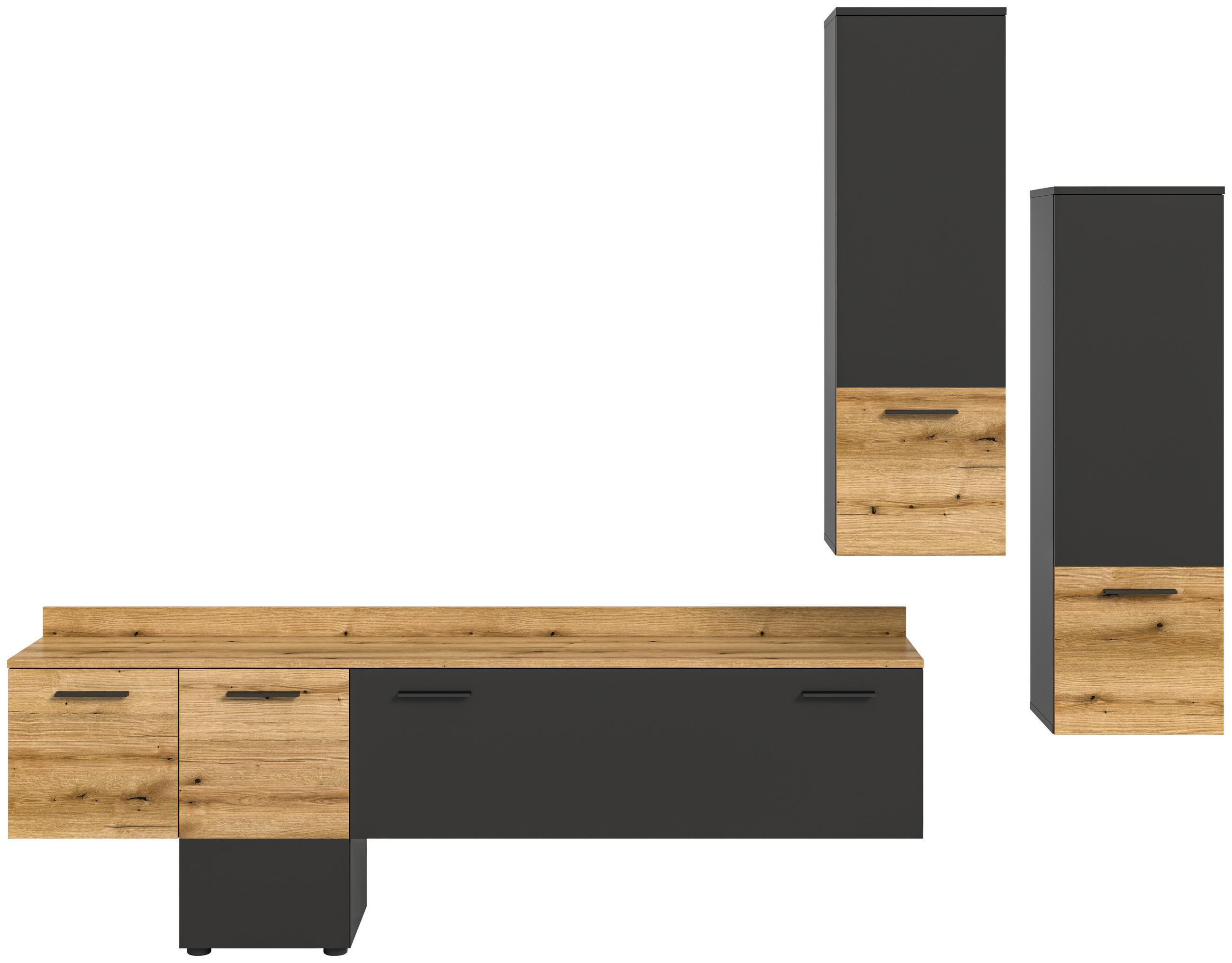 WOHNWAND 3-teilig  in Grau, Eichefarben  247/196/37 cm  - Eichefarben/Schwarz, Design, Holzwerkstoff/Kunststoff (247/196/37cm) - Livetastic