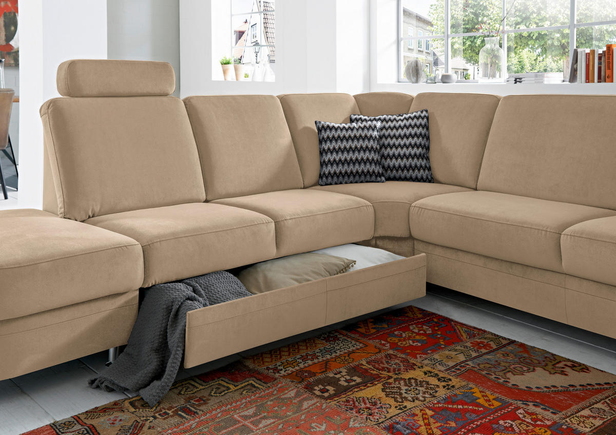 ECKSOFA in Flachgewebe Hellbraun  - Hellbraun/Alufarben, Konventionell, Textil/Metall (289/269cm) - Beldomo System