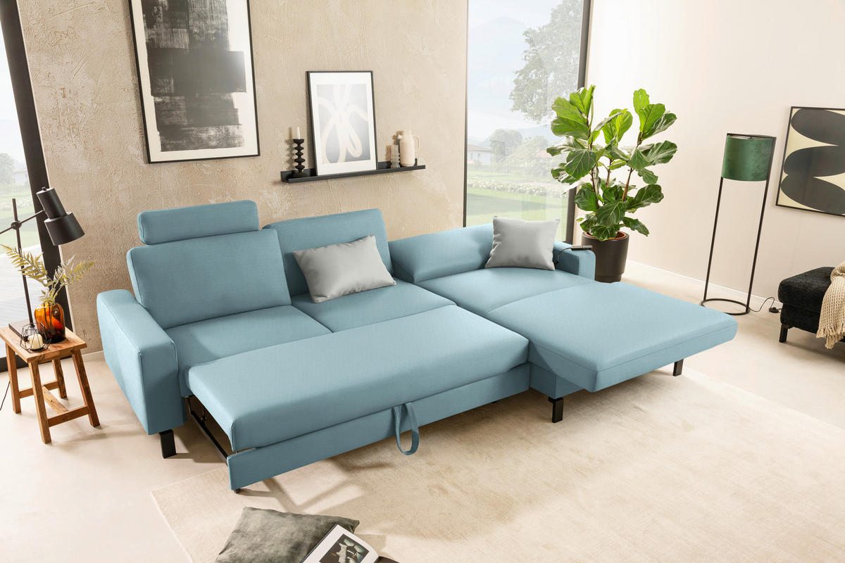 ECKSOFA Cord Hellblau  - Schwarz/Hellblau, Design, Textil/Metall (298/185cm) - Pure Home Lifestyle