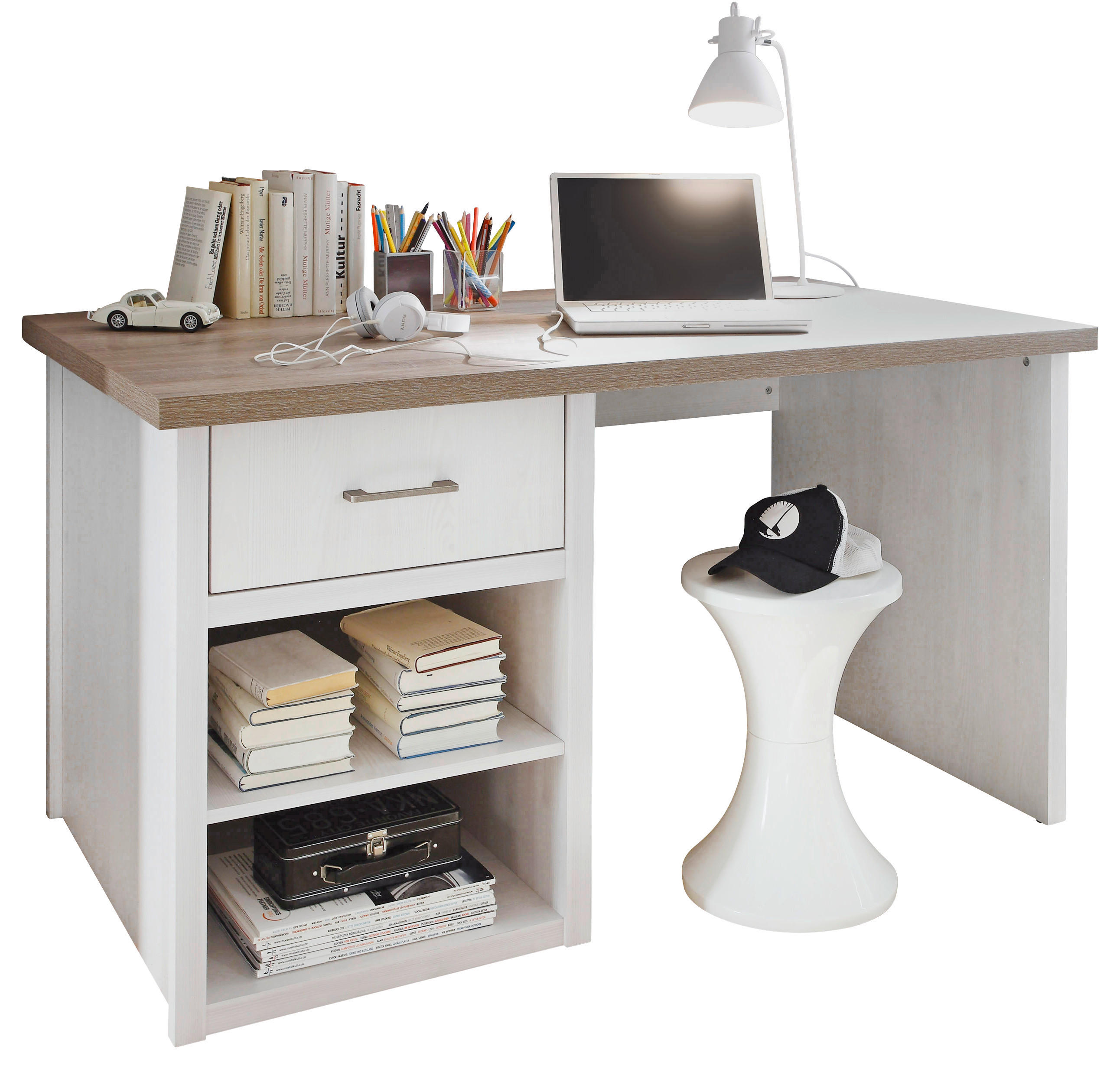 SCHREIBTISCH 141/81/77 cm  in Weiß, Trüffeleichefarben  - Trüffeleichefarben/Graphitfarben, LIFESTYLE, Holzwerkstoff/Metall (141/81/77cm) - Carryhome