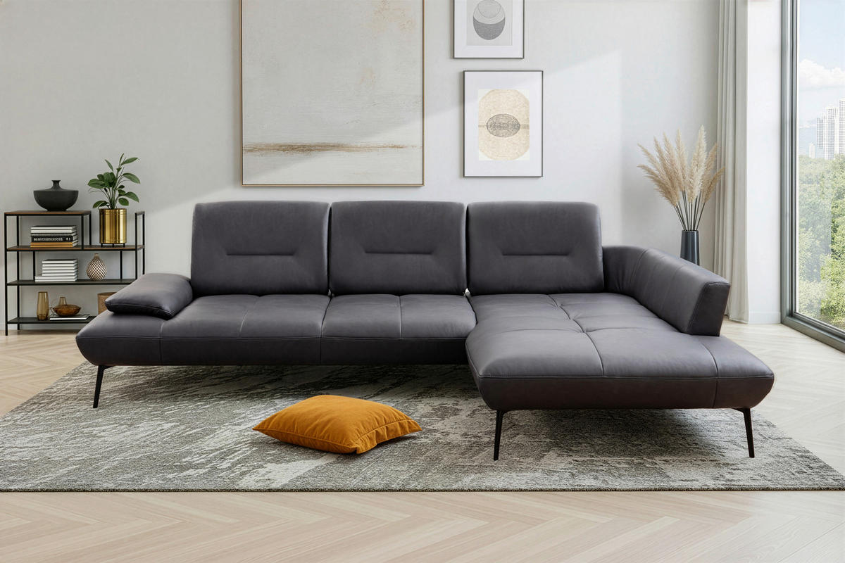 ECKSOFA Anthrazit Echtleder Rücken echt, Sitztiefenverstellung  - Anthrazit/Schwarz, Design, Leder/Metall (320/190cm) - Moderano