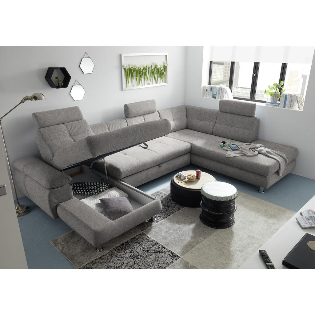 Thumbnail - Mid.you Wohnlandschaft, Silber, Textil, Ottomane rechts, U-Form, 349x233 cm, Made in EU, Wohnzimmer, Sofas & Couches, Wo...