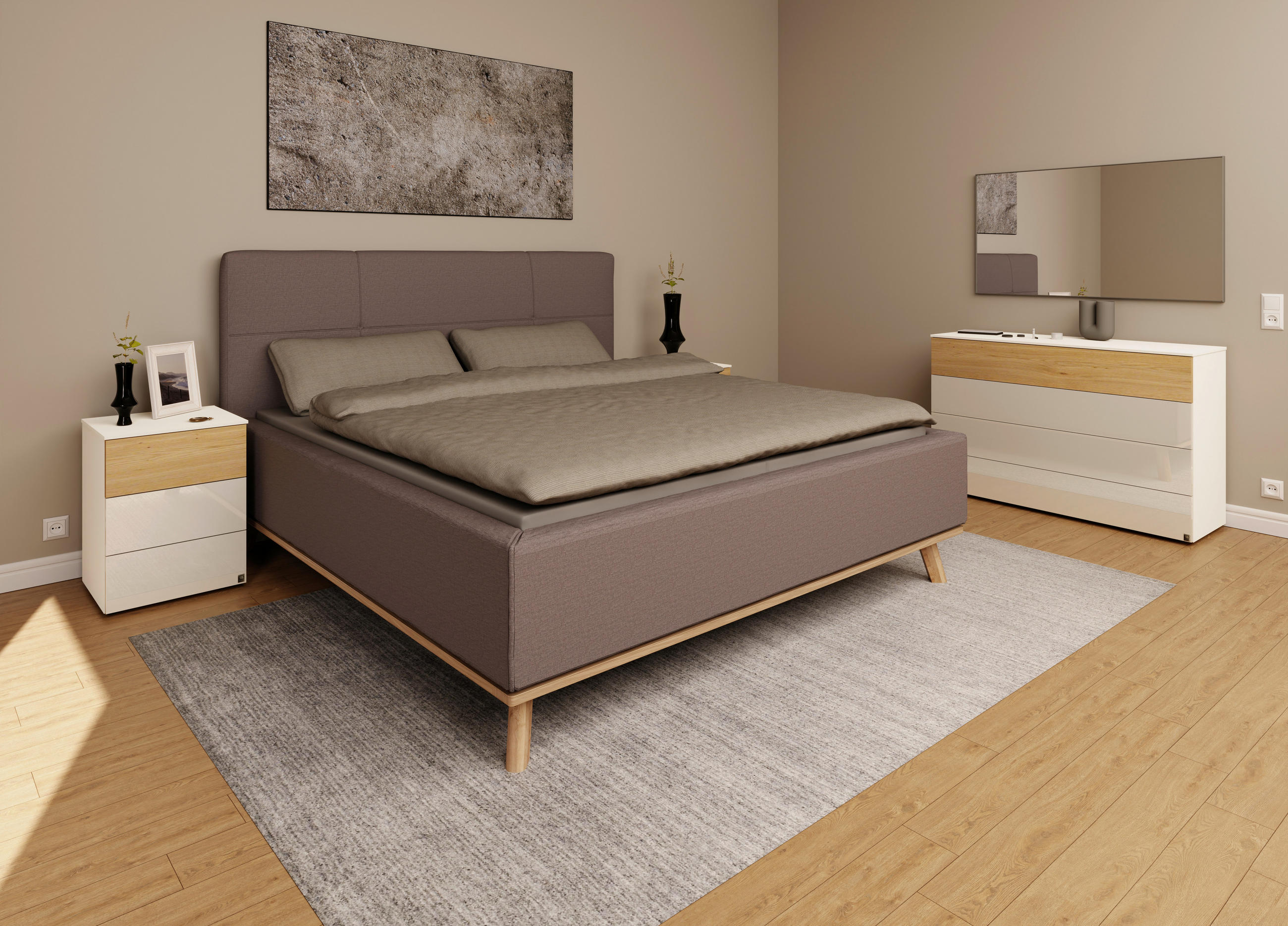 Thumbnail - Musterring Polsterbett, Graubraun, Textil, Birke, Buche,Esche, massiv, H2, Höhe ca. 20 cm, 160x200 cm, Reach, atmungsakt...