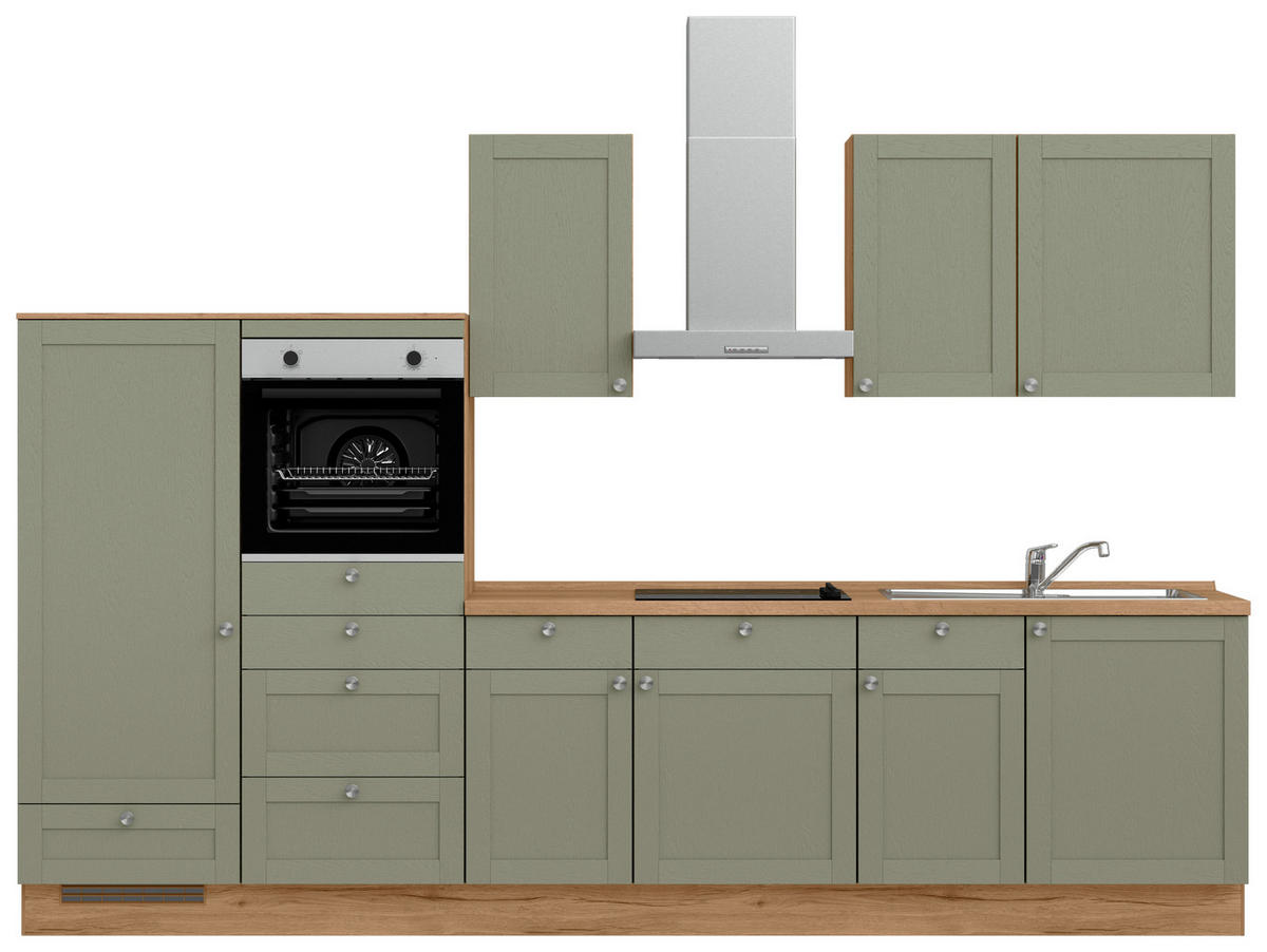 KÜCHENBLOCK Frame 330 cm  in Eichefarben, Olivgrün  - Edelstahlfarben/Eichefarben, MODERN, Holzwerkstoff/Metall (330cm) - Nobilia