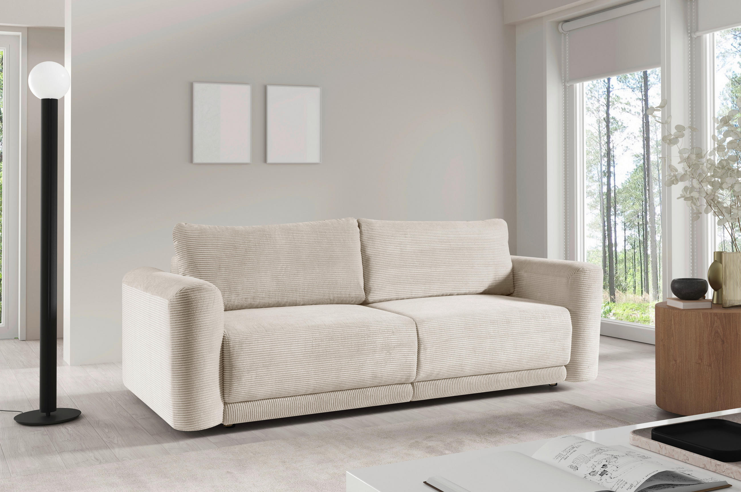 SCHLAFSOFA NORMAN  mit gerippt Creme  - Creme/Schwarz, Design, Kunststoff/Textil (252/93/167cm) - Livetastic