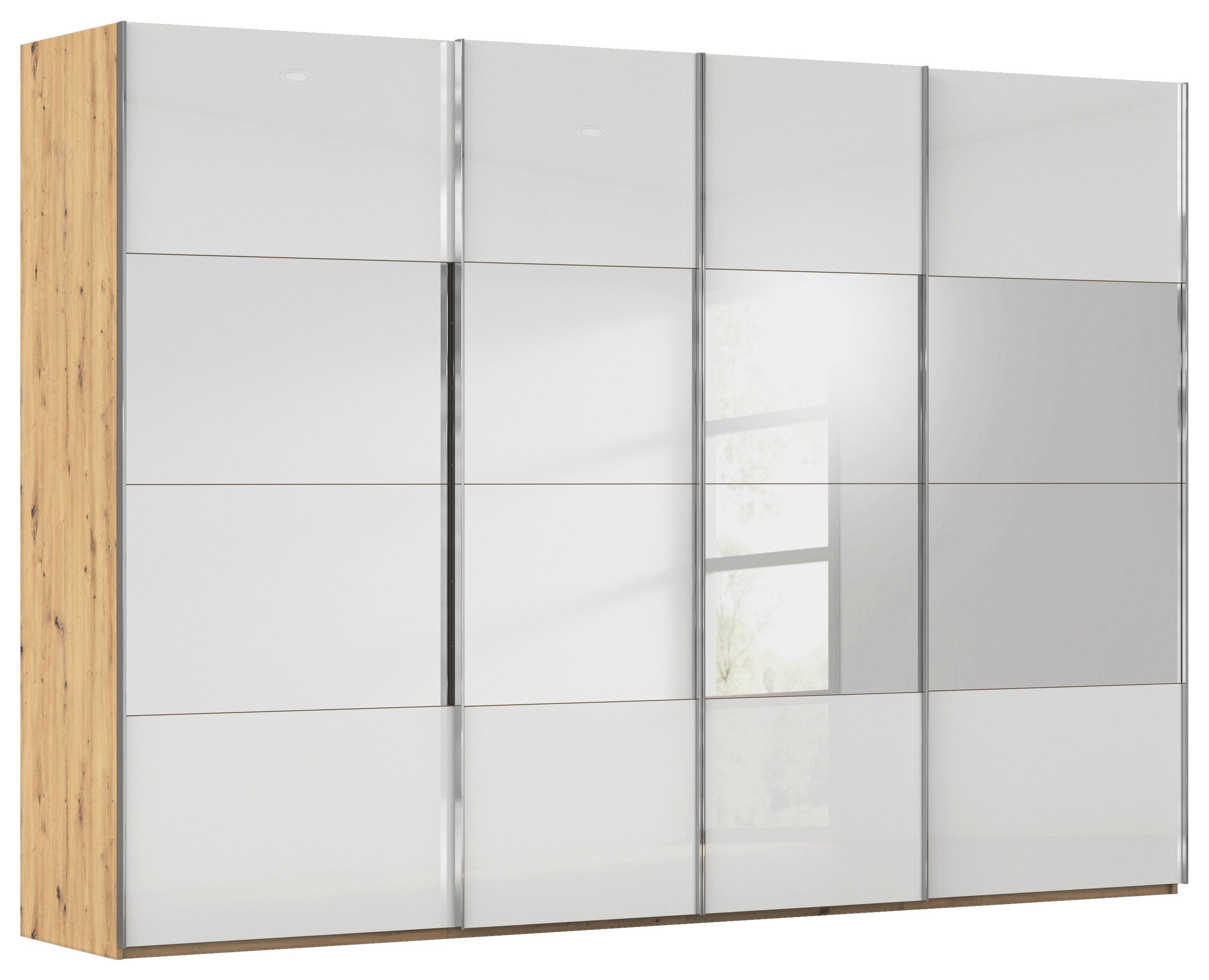 SCHWEBETÜRENSCHRANK 316/223/68 cm 4-türig Weiß, Eiche Artisan  - Chromfarben/Weiß, Design, Glas/Holzwerkstoff (316/223/68cm) - Novel