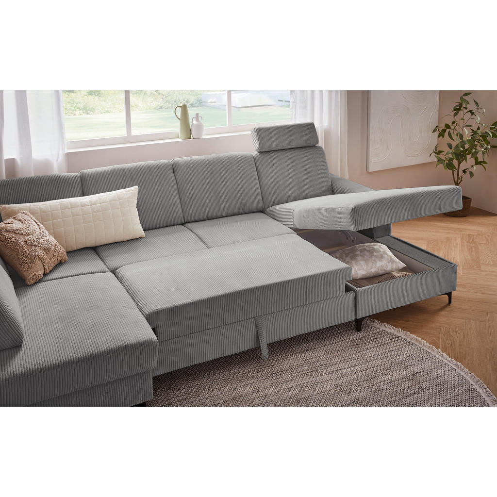 Thumbnail - Stylife Wohnlandschaft, Grau, Textil, 4-Sitzer, Ottomane links, U-Form, 317x185 cm, Made in EU, Liegefunktion, Rücken ec...