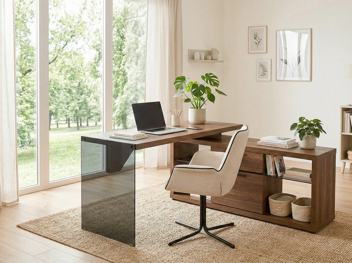 ECKSCHREIBTISCH 141,8/140/74 cm Walnussfarben Stauraum, seitenverkehrt montierbar  - Walnussfarben/Schwarz, Design, Glas/Holzwerkstoff (141,8/140/74cm) - MID.YOU