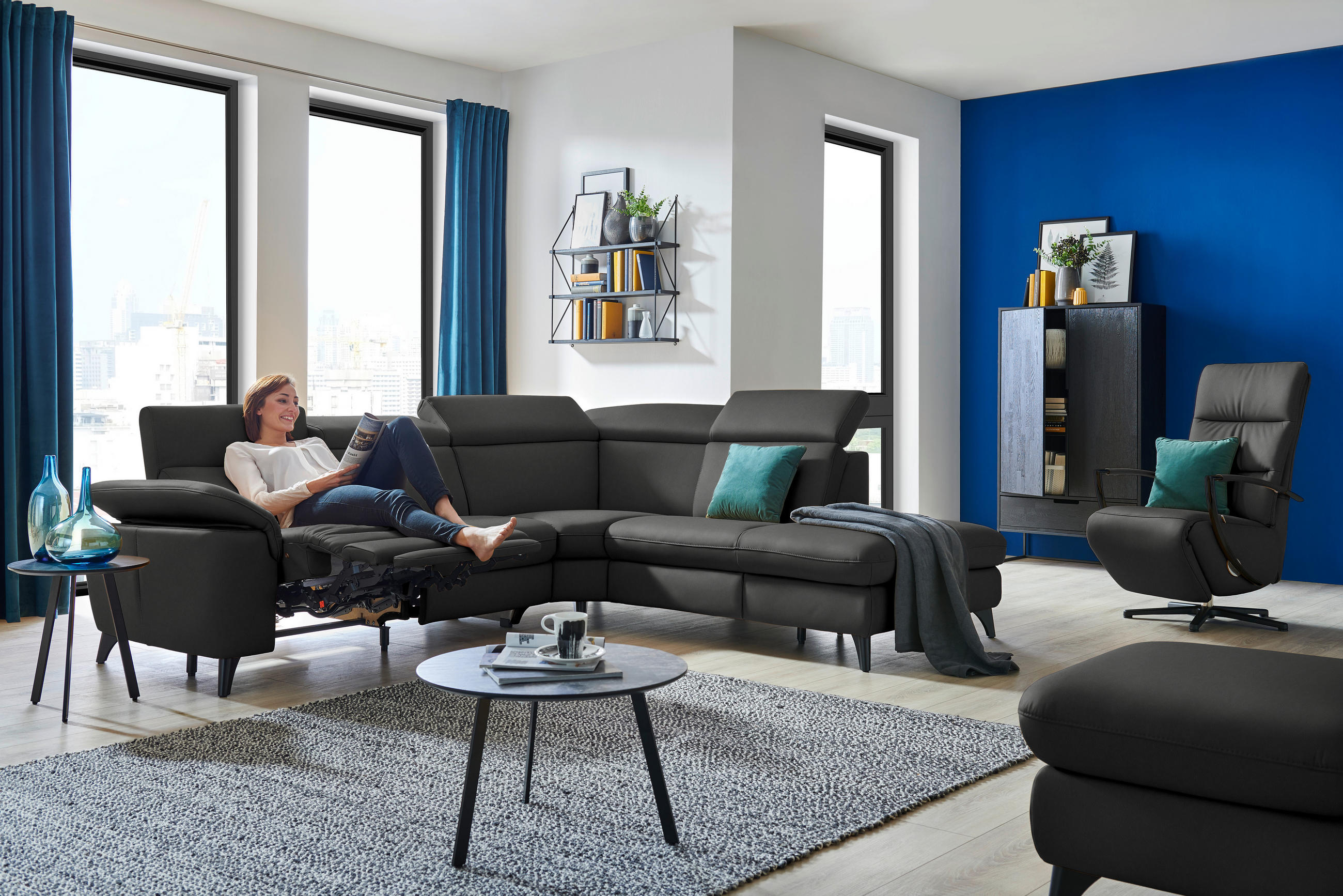 ECKSOFA in Echtleder Anthrazit  - Anthrazit/Schwarz, Design, Leder/Metall (285/239cm) - Cantus