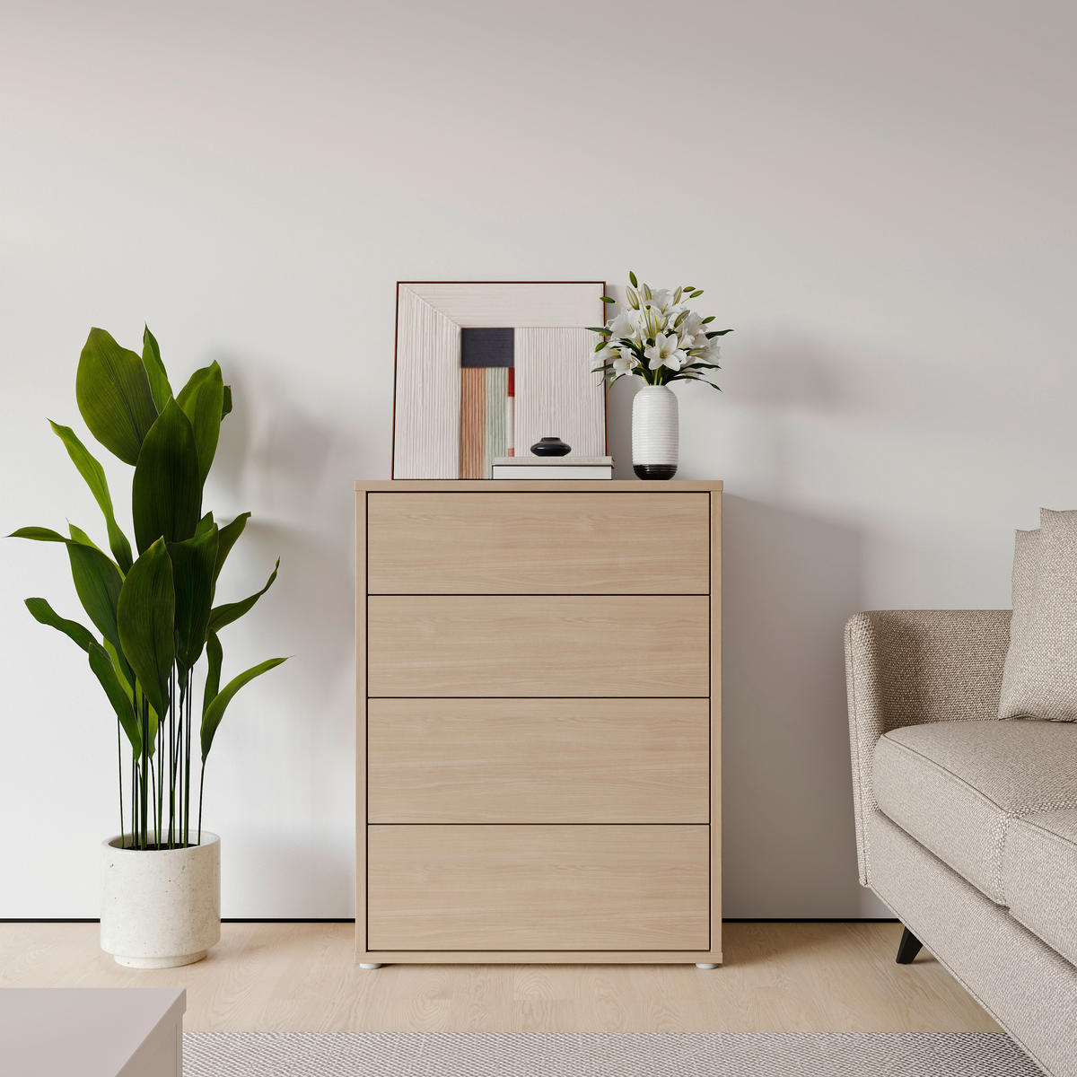KOMMODE , 75/99/35 cm, 4 Schublade(n)  - Eichefarben/Silberfarben, Trend, Holzwerkstoff/Kunststoff (75/99/35cm) - Carryhome