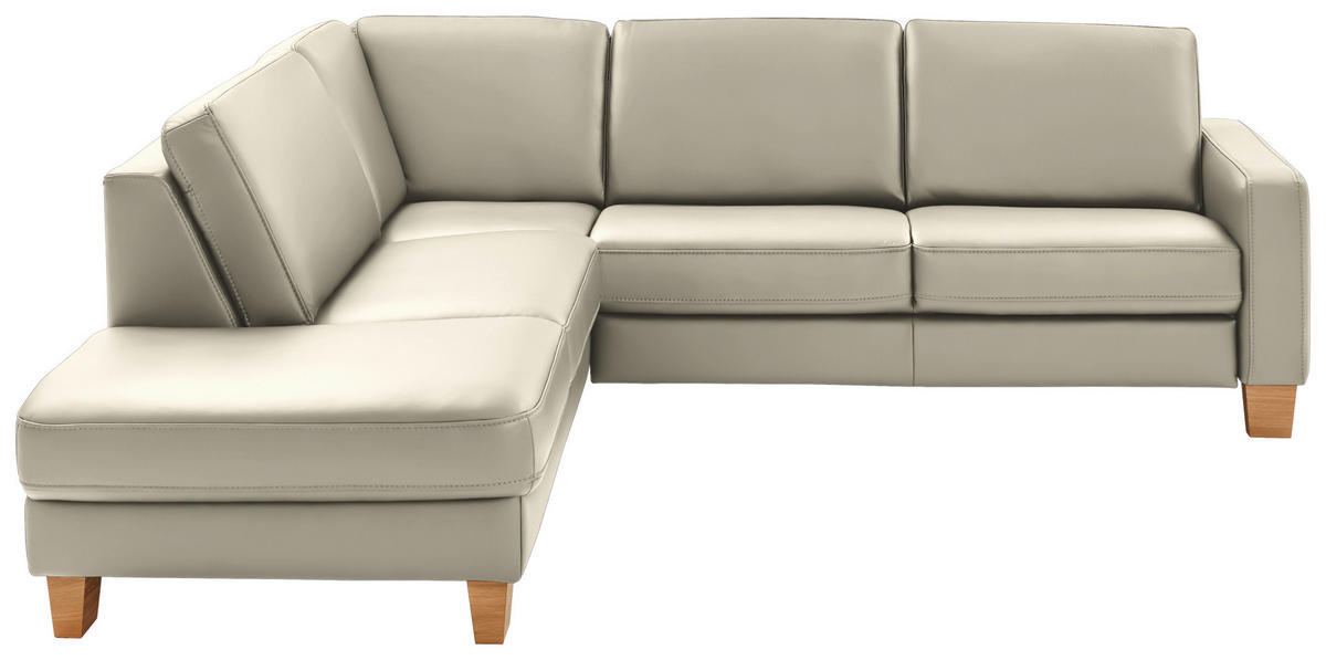 ECKSOFA Echtleder Ecru  - Ecru/Eiche Bianco, Konventionell, Leder/Holz (235/257cm) - Valdera