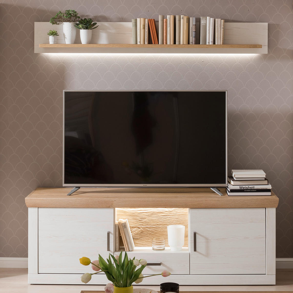 WOHNWAND  in Eichefarben, Pinienfarben  343/205/50 cm  - Eichefarben/Graphitfarben, Design, Glas/Holzwerkstoff (343/205/50cm) - MID.YOU