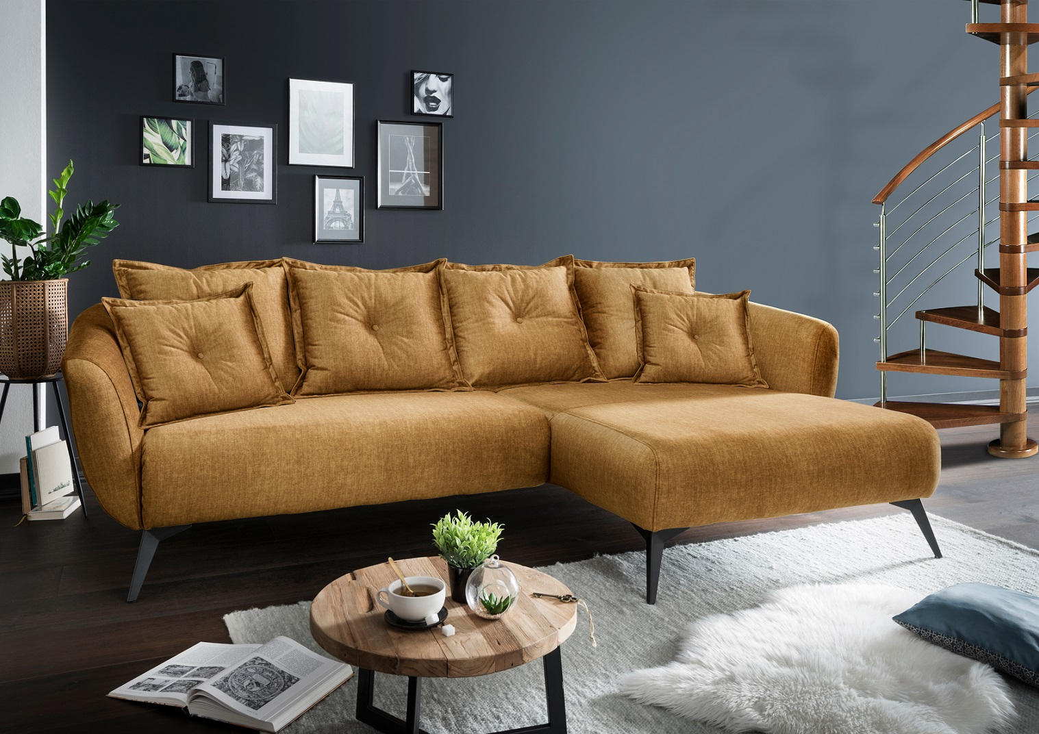 ECKSOFA in Velours Gelb 277/162 cm - Gelb/Schwarz, MODERN, Holz/Textil (277/162cm) - Livetastic