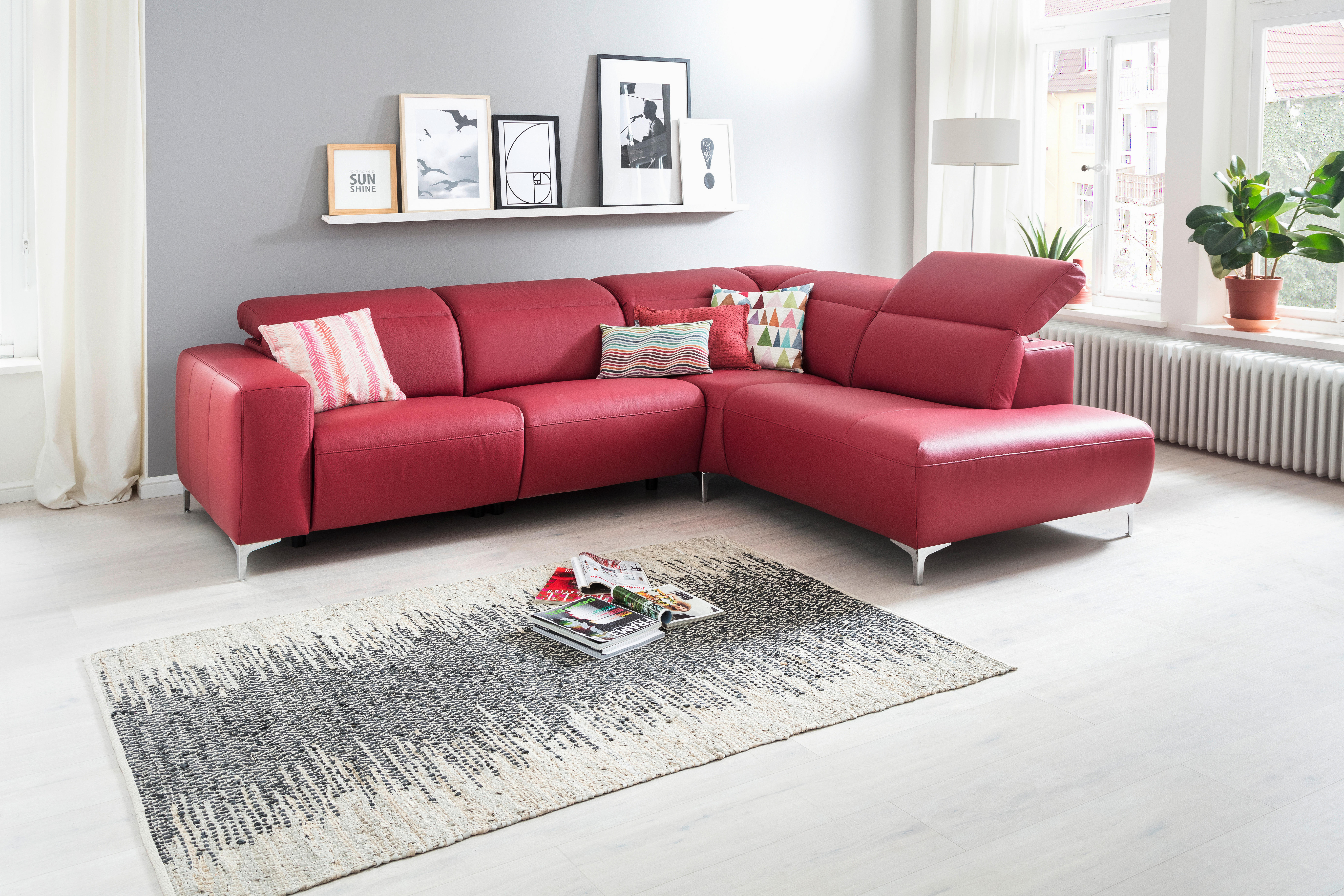 ECKSOFA Rot Echtleder  - Chromfarben/Rot, Design, Leder/Metall (290/223cm) - Pure Home Lifestyle