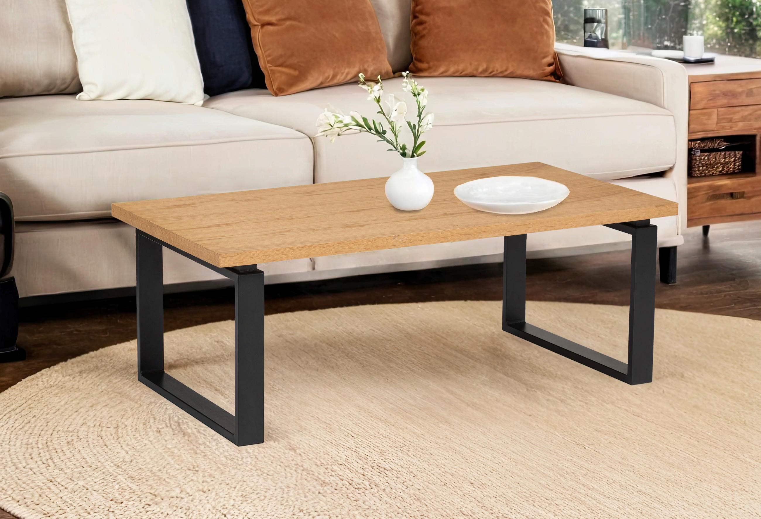 COUCHTISCH Eiche furniert rechteckig Naturfarben, Schwarz  - Schwarz/Naturfarben, Design, Holz/Holzwerkstoff (115/42,5/60cm) - MID.YOU