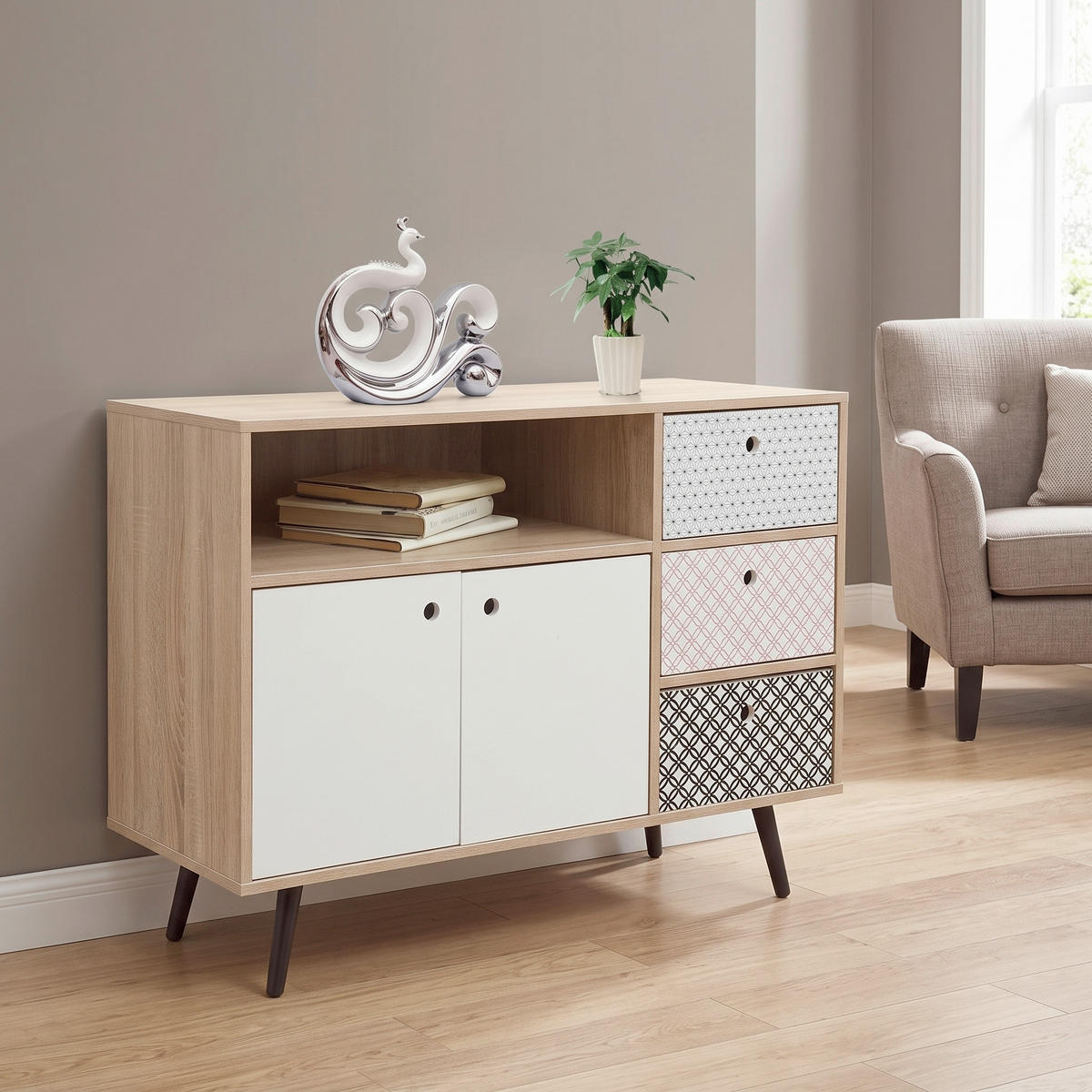 SIDEBOARD  106,5/77/39 cm 3 Schublade(n)  - Eichefarben/Multicolor, Design, Holzwerkstoff (106,5/77/39cm) - Livetastic