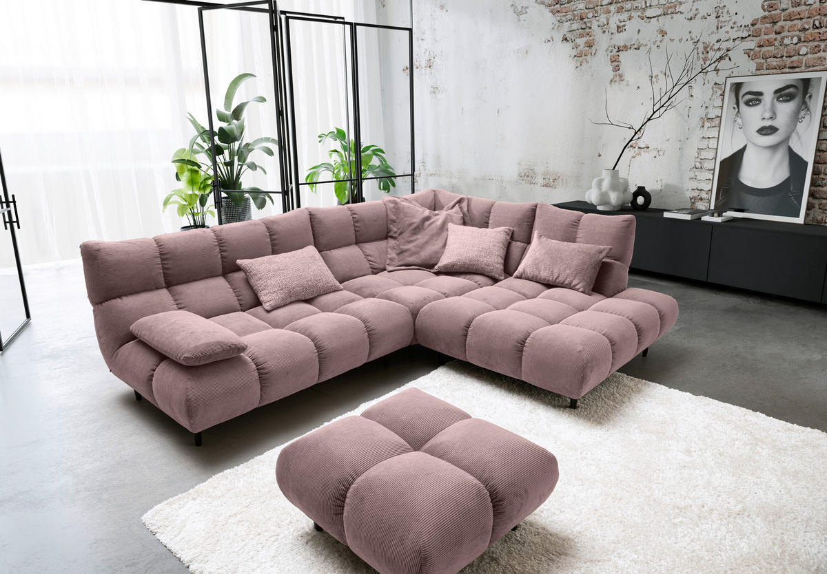 ECKSOFA Ottomane rechts, Eckteil  Altrosa Feincord  - Schwarz/Altrosa, Design, Holz/Textil (288/215cm) - Pure Home Lifestyle