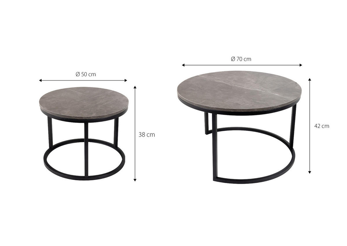 COUCHTISCHSET 50-70/50-70/38-42 cm rund Grau, Multicolor, Schwarz ausziehbar, einfacher Aufbau, individuell kombinierbar  - Multicolor/Schwarz, Design, Holzwerkstoff/Metall (50-70/50-70/38-42cm) - MID.YOU
