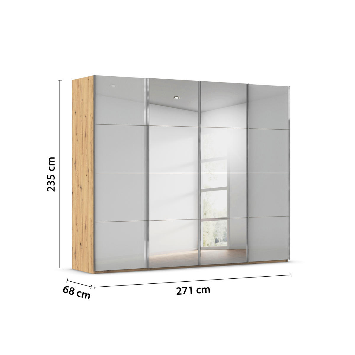 SCHWEBETÜRENSCHRANK 271/235/68 cm 4-türig Grau, Eiche Artisan  - Chromfarben/Eiche Artisan, Design, Glas/Holzwerkstoff (271/235/68cm) - Novel