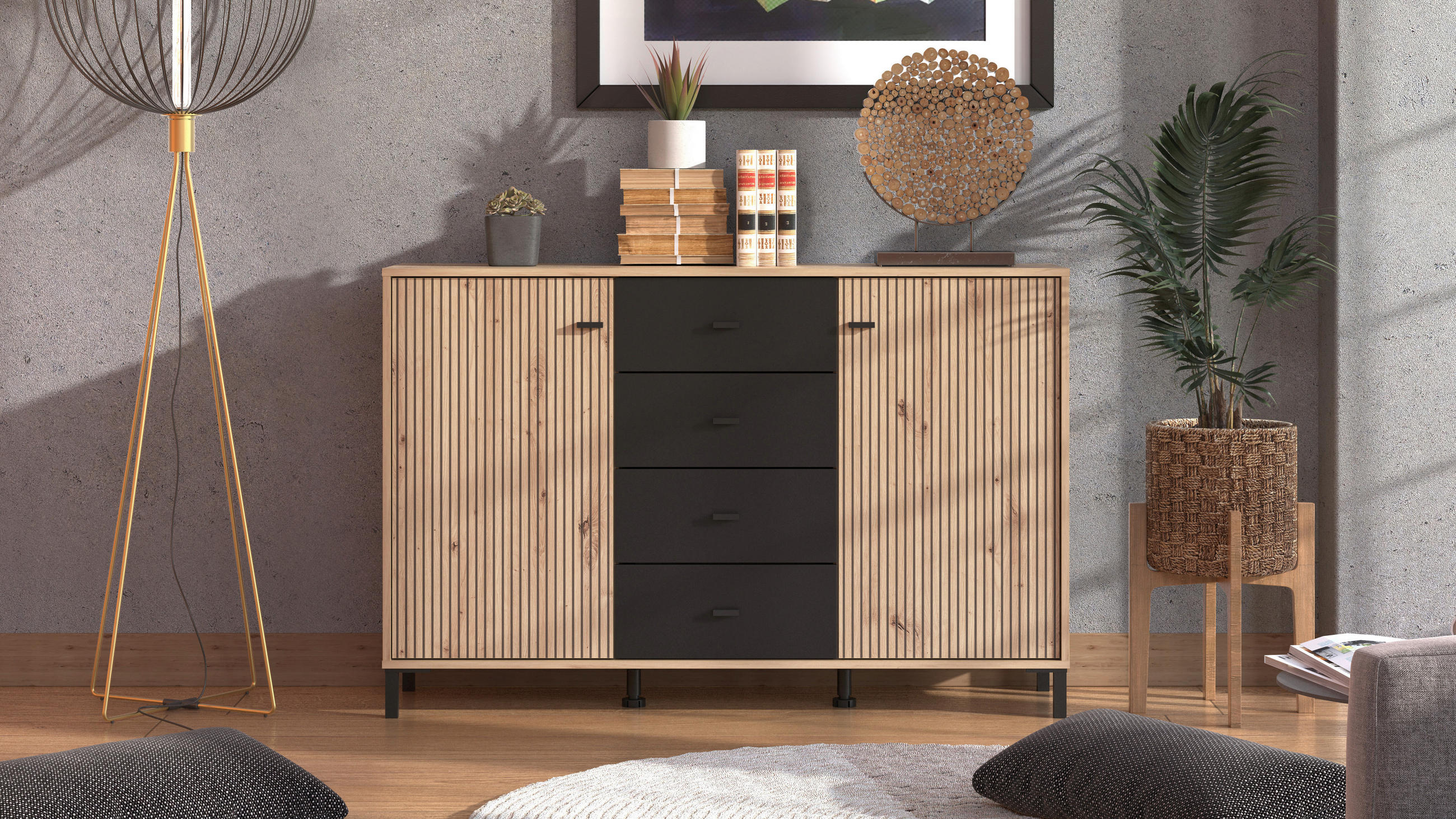SIDEBOARD  in 138/90/40 cm  - Schwarz/Eiche Artisan, Basics, Holzwerkstoff/Kunststoff (138/90/40cm) - Carryhome
