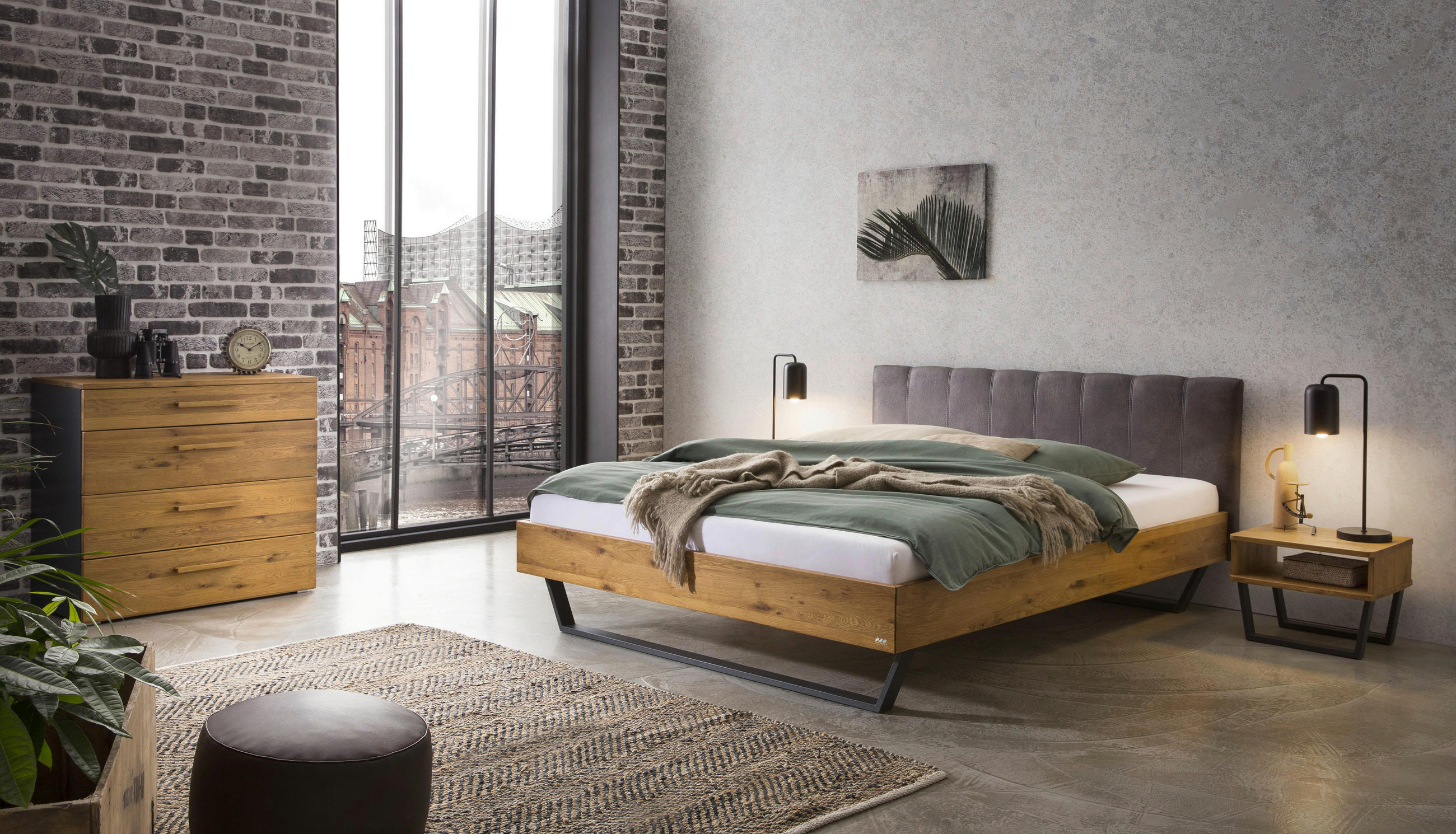 Thumbnail - Hasena Bett, Anthrazit, Wildeiche, Holz, Wildeiche, massiv, Höhe ca. 22 cm, 140x200 cm, gepolstertes Kopfteil, in versch...