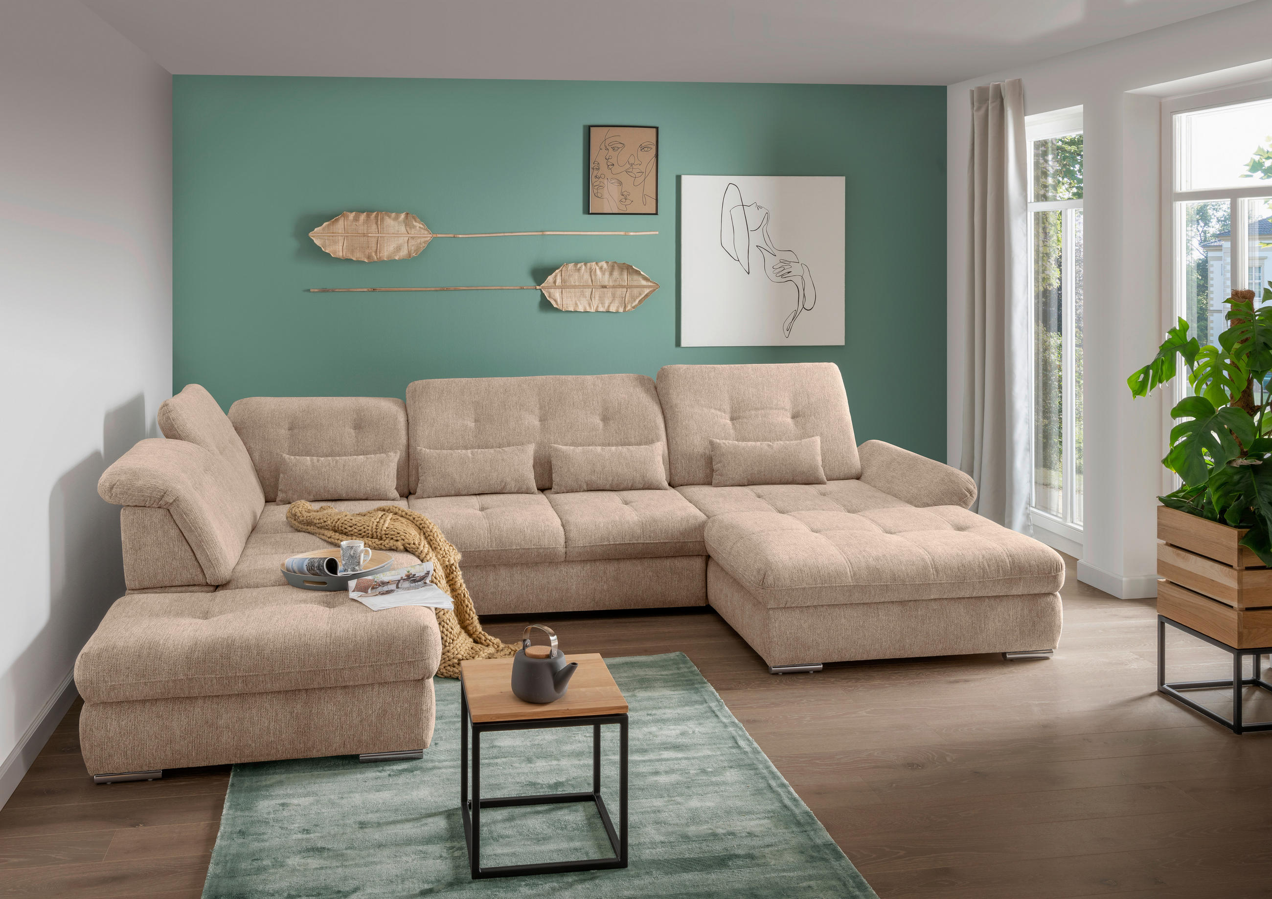 WOHNLANDSCHAFT in Chenille Hellbraun  - Chromfarben/Hellbraun, Modern, Textil/Metall (254/376/195cm) - Livetastic