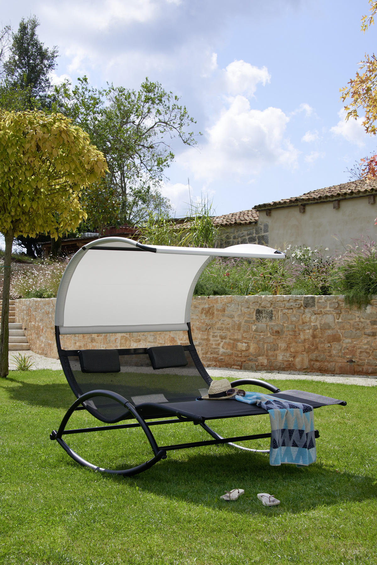 Sezlong Tip Balansoar Havana 139/167/178 cm  - gri deschis/negru, Modern, metal/textil (139/167/178cm) - Amatio