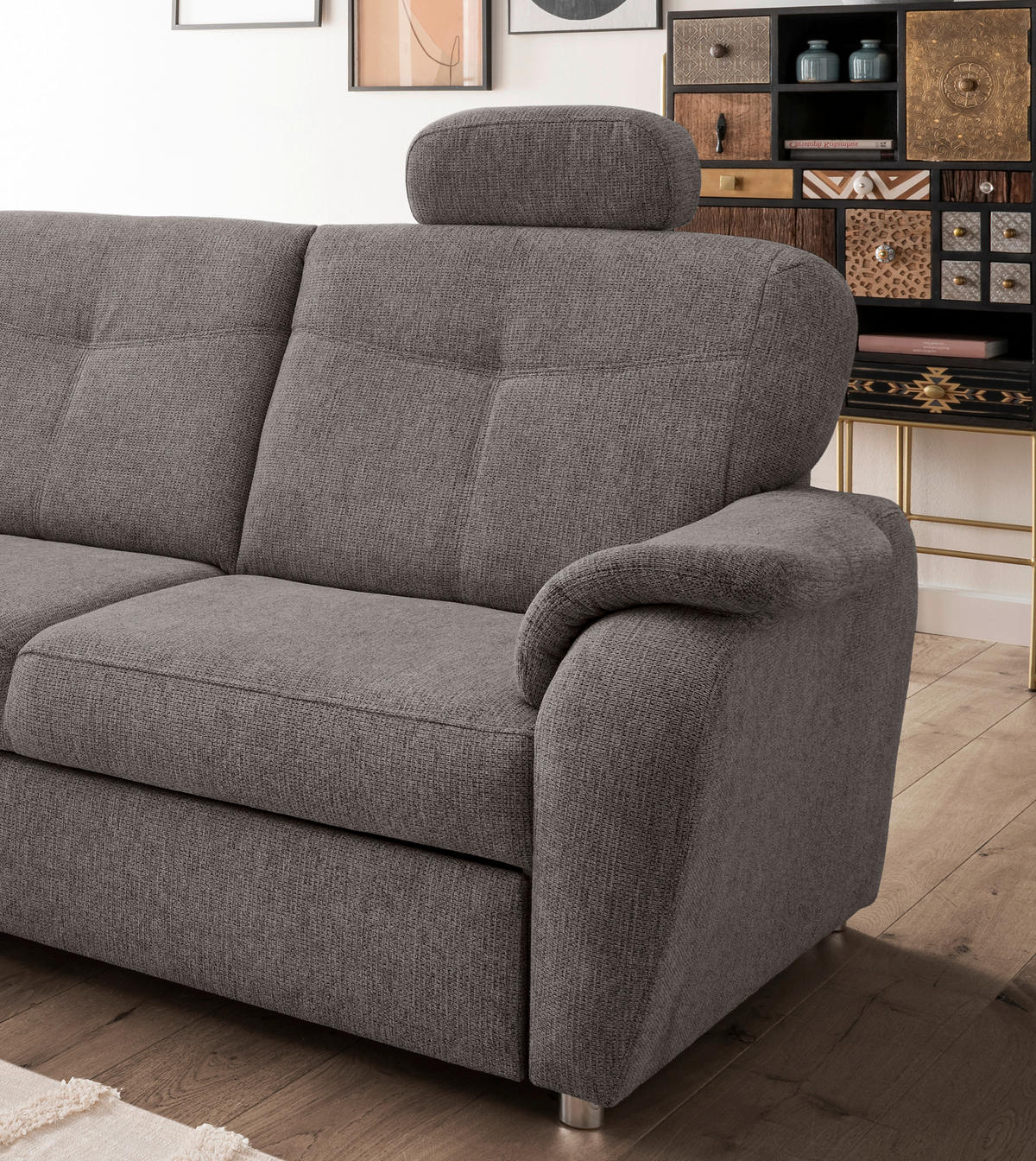 ECKSCHLAFSOFA  mit Liegefunktion, seitenverkehrt erhältlich, Schlafen auf Sitzhöhe, Rücken echt, Armteil rechts Chenille Graubraun  - Chromfarben/Graubraun, MODERN, Kunststoff/Textil (180/264cm) - Livetastic